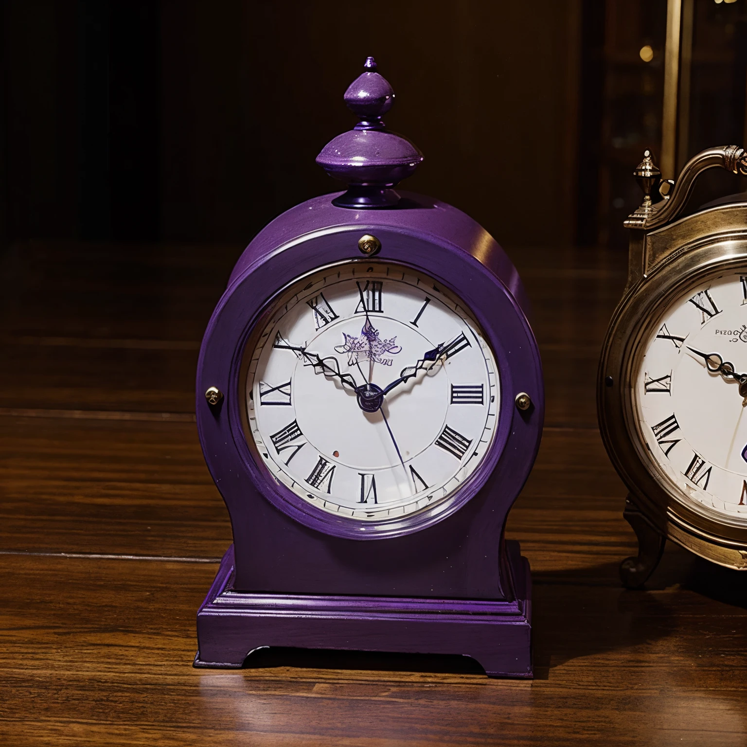 a clock on a table, beautiful, purple, charming