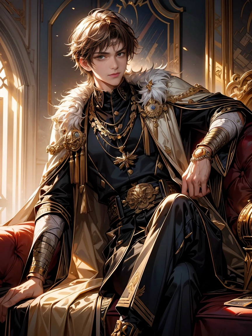 Roman Emperor Constantine the Great revived in modern-day Türkiye。1 male。age 30s。charisma。hardworking and talented businessman。Bright and sharp eyes。Fluffy hair。Lustrous chestnut hair。elegant demeanor。warm grin。A dangerous look amidst the calm。Kind and sincere。Kind and reliable。Although he is moderate, he can also be tough and ruthless when necessary.。Large office。I&#39;m sitting comfortably on a big sofa。You can see the night view of Istanbul from the large windows.。​masterpiece。ultra-quality。The ultra -The high-definition。Super beautiful。Detailed and elaborate。Romantic。Cinematic。