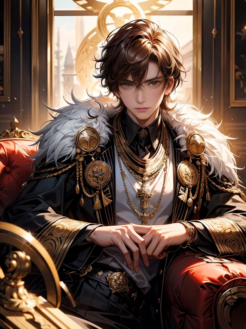 Roman Emperor Constantine the Great revived in modern-day Türkiye。1 male。age 30s。charisma。hardworking and talented businessman。Bright and sharp eyes。Fluffy hair。Lustrous chestnut hair。elegant demeanor。warm grin。A dangerous look amidst the calm。Kind and sincere。Kind and reliable。Although he is moderate, he can also be tough and ruthless when necessary.。Large office。I'm sitting comfortably on a big sofa。You can see the night view of Istanbul from the large windows.。masterpiece。ultra-quality。The ultra -The high-definition。Super beautiful。Detailed and elaborate。Romantic。Cinematic。