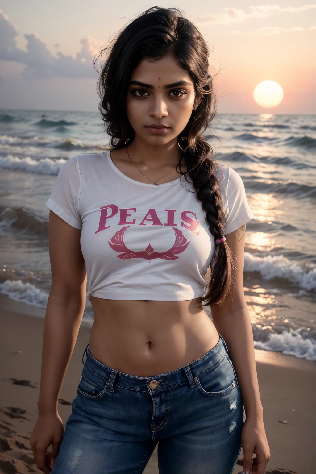 30 year old indian woman, sexy shirt and short jeans, long dense braided hair, tropical sea beach, ultra realistic, realism, cute, charming, dusk time, sunset, tattooed hands, medium height, big eyes, sexy, ambient lighting, perfect anatomy, detailed body, 8k