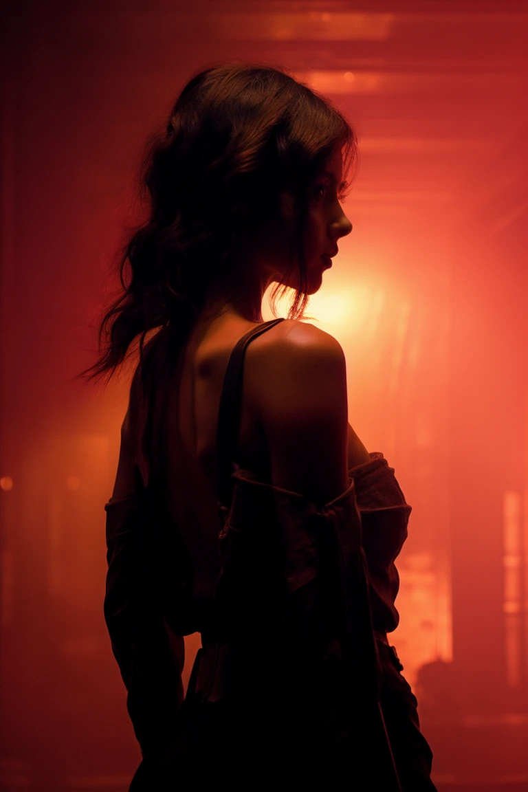 masterpiece, best quality,1girl, bare shoulder, looking at viewer, backlighting, from behind, pov, gun