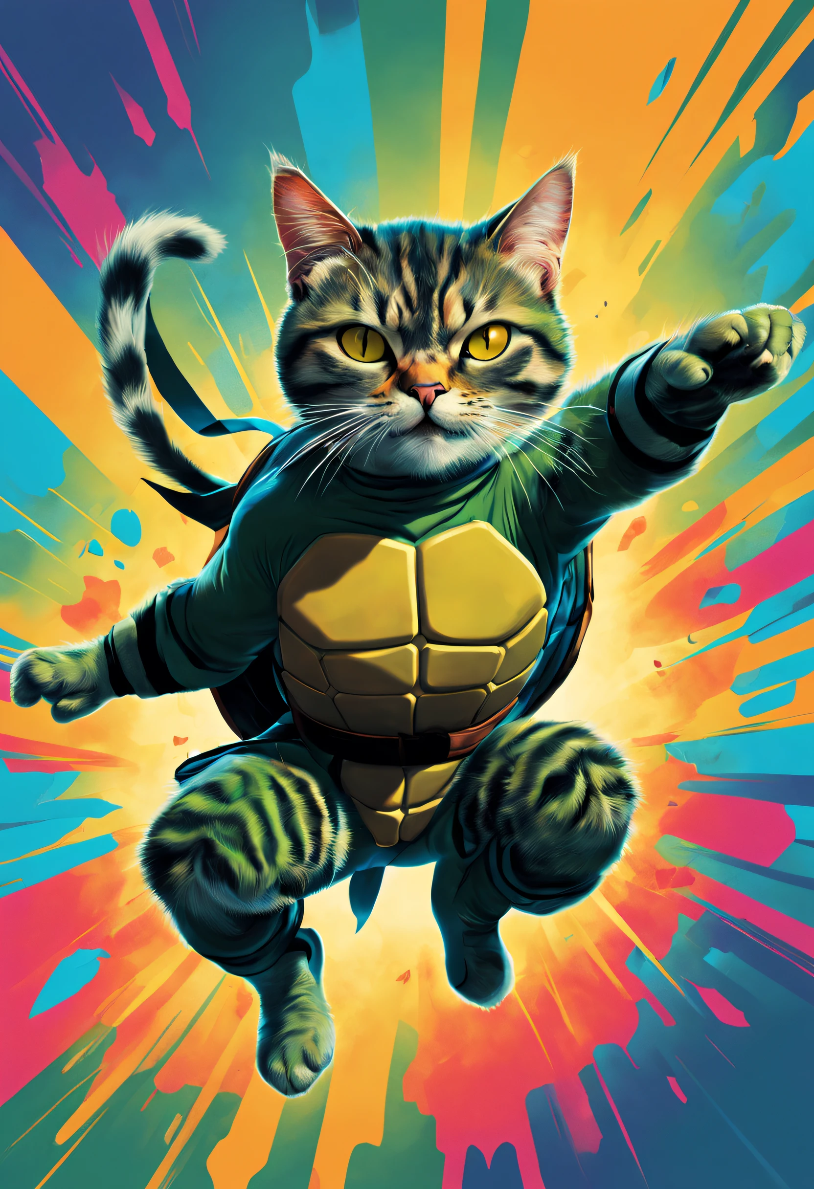 pop-art, A cat like a ninja turtle that flies with all its might, his body stretched, Comic style explosion and bright colors, Set a contrasting background as a background, The whole scene looks like a page from a comic book, (Best Quality, masutepiece, master piece, Official art, Professional, Unity 8k壁纸:1.3)