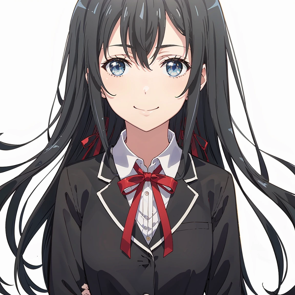 Yukinoshita Yukino , 1girl in, Red Ribbon , Smile , Black hair, Checkered sash, long-haired hair, Hair Ribbon, School uniform , skirt by the , Long hair, Looking at Viewer, Black hair, , Blue eyes, Black jacket , hair between eye ,, Solo, Upper body, ((masutepiece))、Beautiful Girl, blue eyes details，Black tights