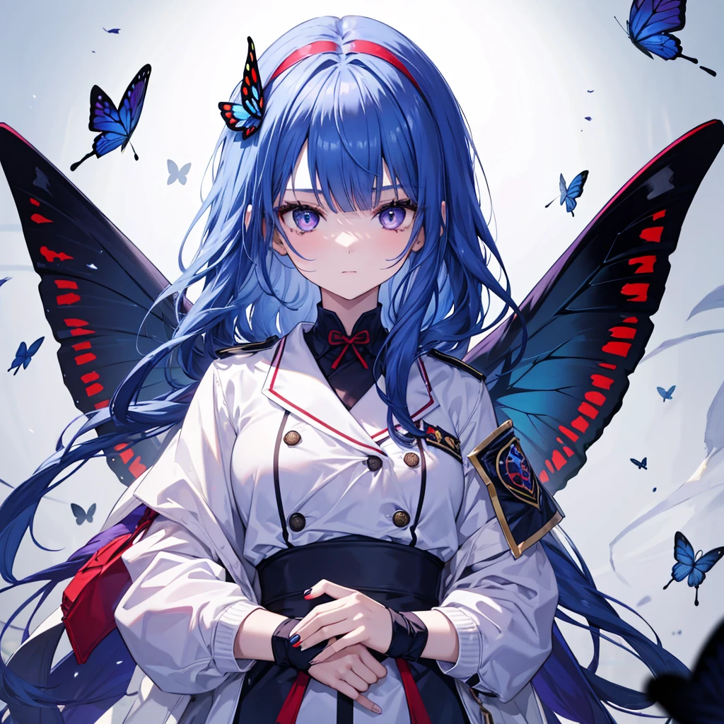 s girl,Blue hair,Arrogant,despise,White coat,Medium bust,Black silk,blood red headband,butterfly wings,flight,Holding a butterfly knife。