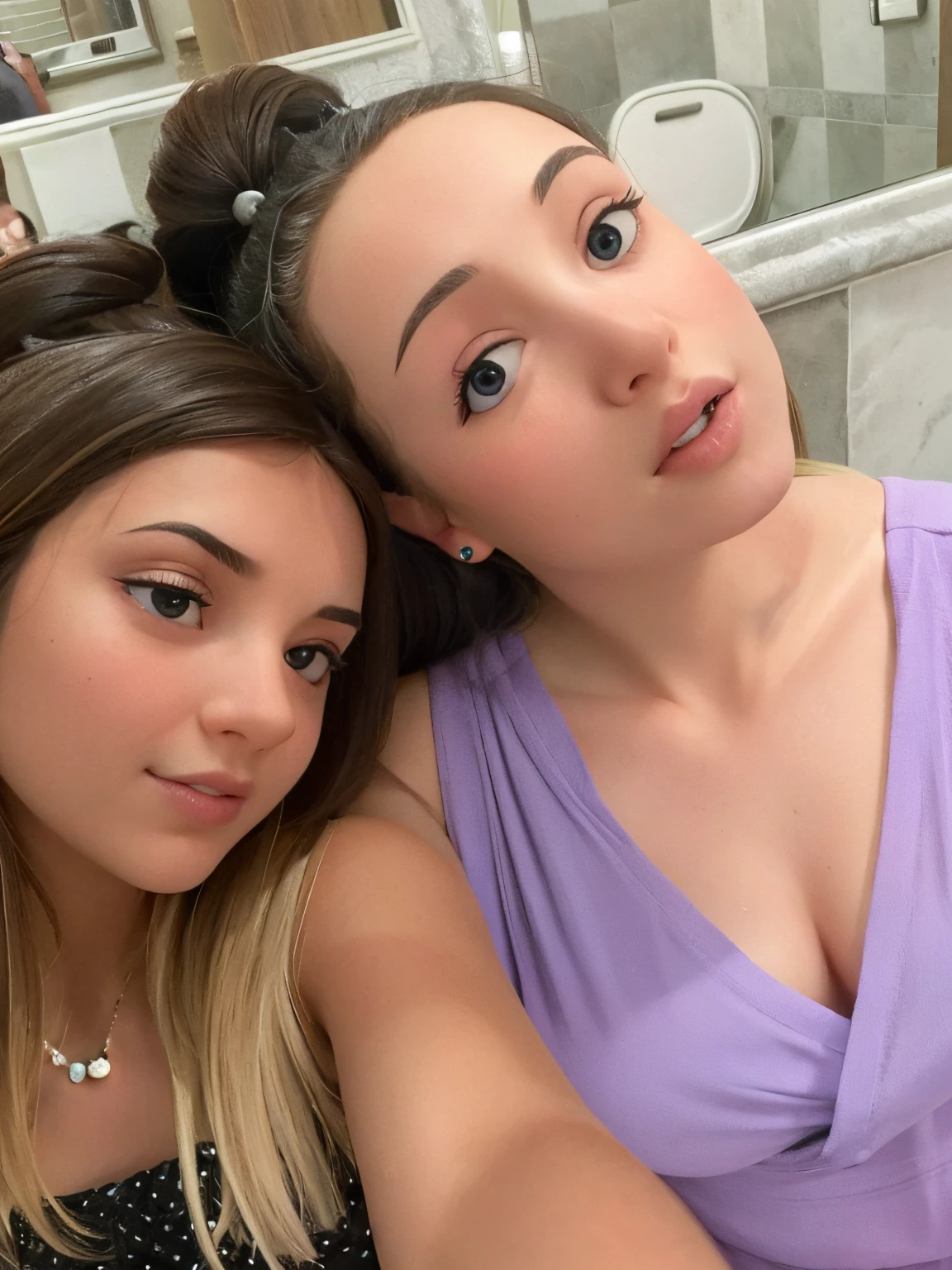Due ragazze bionde che si scattano un selfie; la ragazza a destra ha gli occhi azzurri, il rossetto rosa, i capelli legati in una mezzacoda e porta un abito lilla con scollatura a V; la ragazza sinistra ha gli occhi marroni, porta i capelli sciolti, ha una collana con dei cuoricini e porta un abito nero con tutti brillantini sul petto.