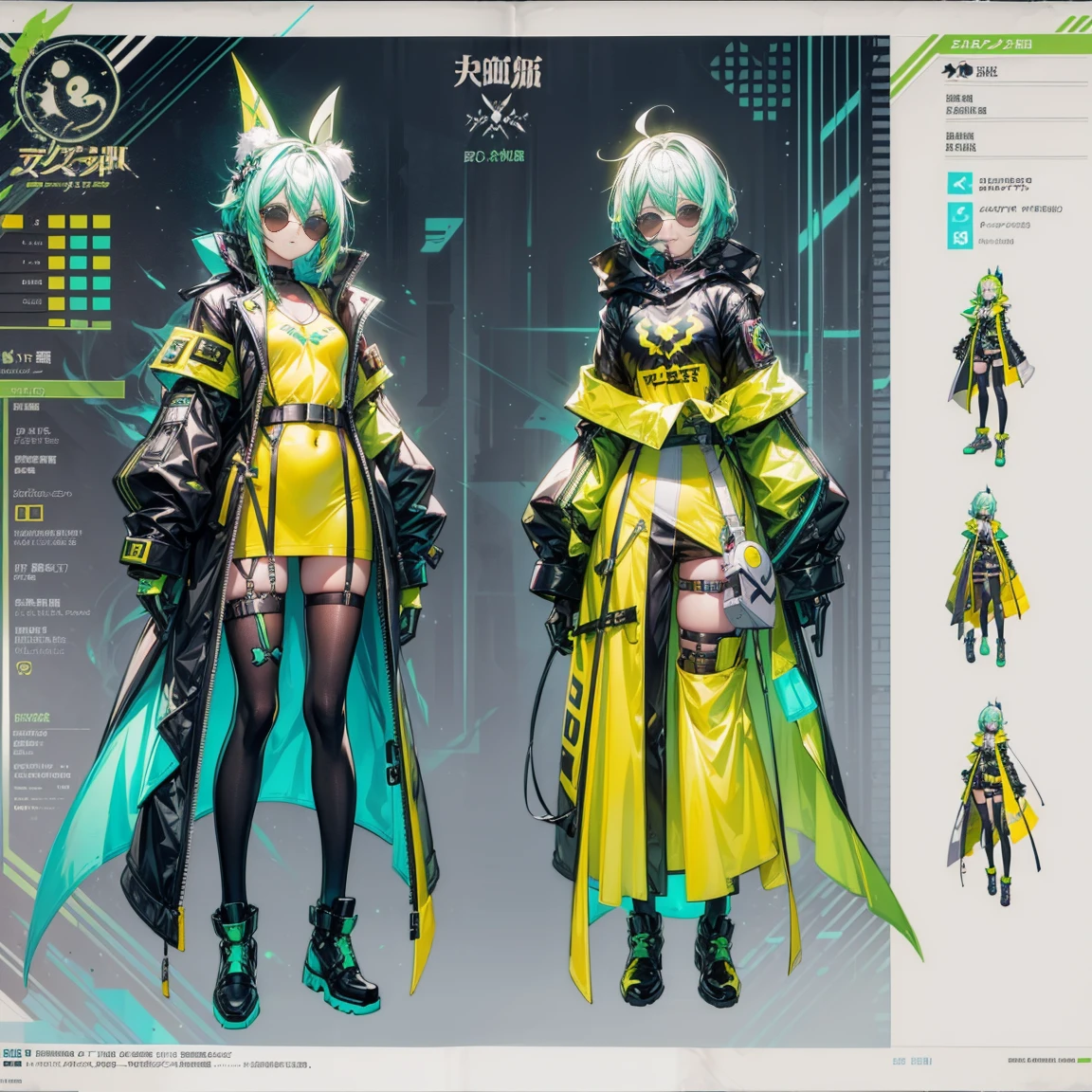 Character Sheets, Three types，Shot Full Body，Game Character Design，than a little flying moon，Girl in sunglasses and beans，Victorizo ∨TSE∨,Stylistic expression, neon colors, neon green, Toxic Green,  absurdress, Full of Details,