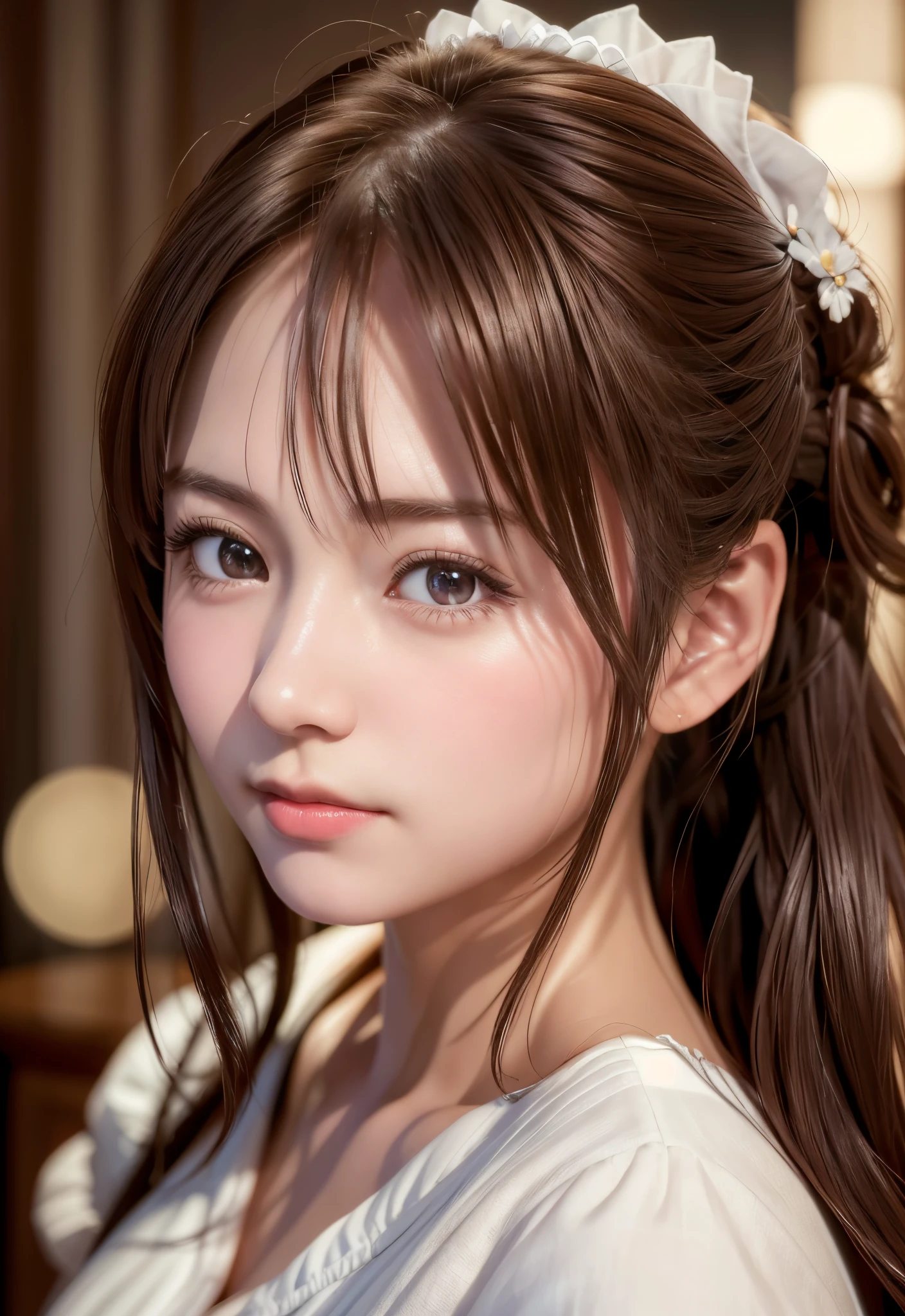 A close up of a woman with long hair and a white dress - SeaArt AI