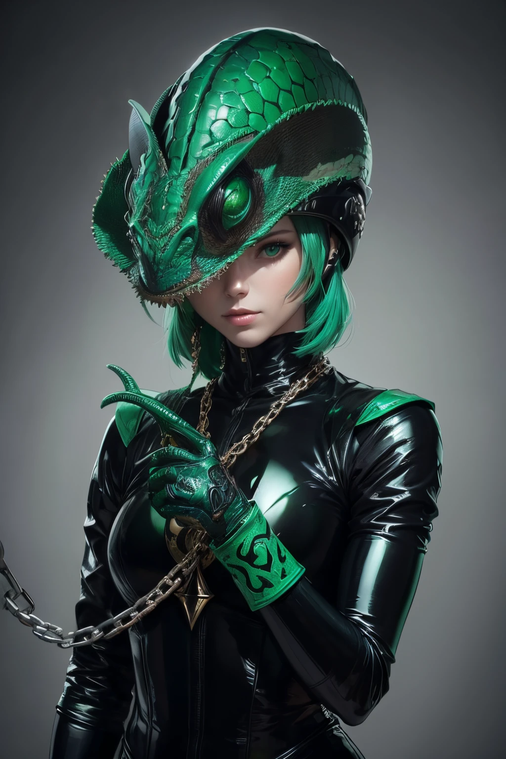 A helmet with a chameleon motif. woman. She is wearing a black latex suit. Striking decoration.chain and sickle. Alchemy style equipment. Her image color is emerald green.