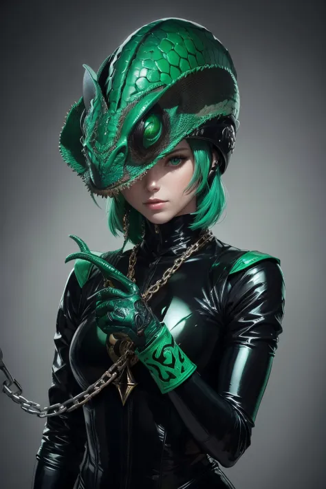 a helmet with a chameleon motif. woman. she is wearing a black latex suit. striking decoration.chain and sickle. alchemy style e...