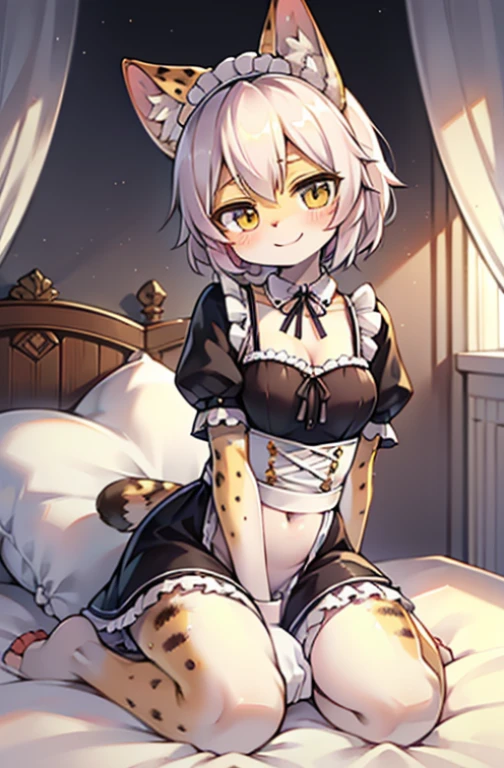 tmasterpiece, top-quality, Best quality at best,,Alone, beast wild, fluffy woman, Tigre, Serval ears,, (max detail), (light and shadows),Serval tail, , pillow background, Cute girl in maid outfit posing on pillow, the maid outfit, , (The white), natural,, (face flushed),A smile,pillow head,((many pillows)),soft pads,Canopy bed,Soft pillows,soft pads,Soft pillows,Pillow between legs),(Ride on a pillow),(pillow ride),(crotch rub),Pillow hump,(Gorgeous pattern pillow),(palaces),(Palace bedroom),(Gorgeous pattern pillow),lace pillow,Lace edges,(Classical European style bedroom ),(Princess bed),