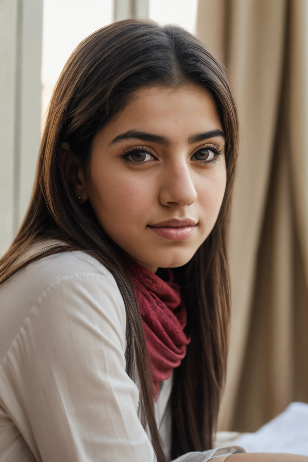 (detailed face, detailed eyes, Iraqi face:1.1), (Realistic, best quality, 4k, HDR, Highly detailed:1.2), Iraqi girl, beautiful, attractive, aesthetic, looking at viewer, in a lush green park, nature, wearing eastern clothes