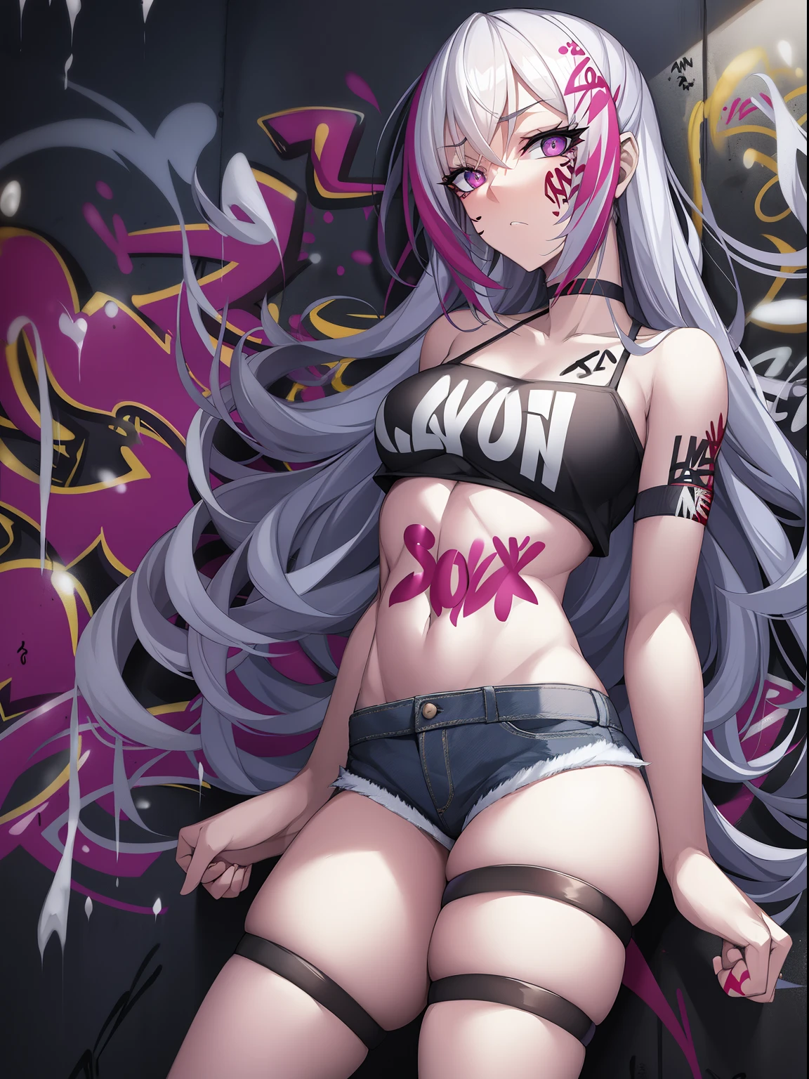 absurdres, best quality,1girl, solo, streaked hair, crop top, denim shorts, choker, (graffiti:1.5), paint splatter, arms behind back, (slouching), leaning back, against wall, (leaning to the side:0.25), looking at viewer, armband, thigh strap, streaked hair, paint on body, upturned eyes, head down, head tilt, (from side:0.75), bored, (expressionless:0.75)