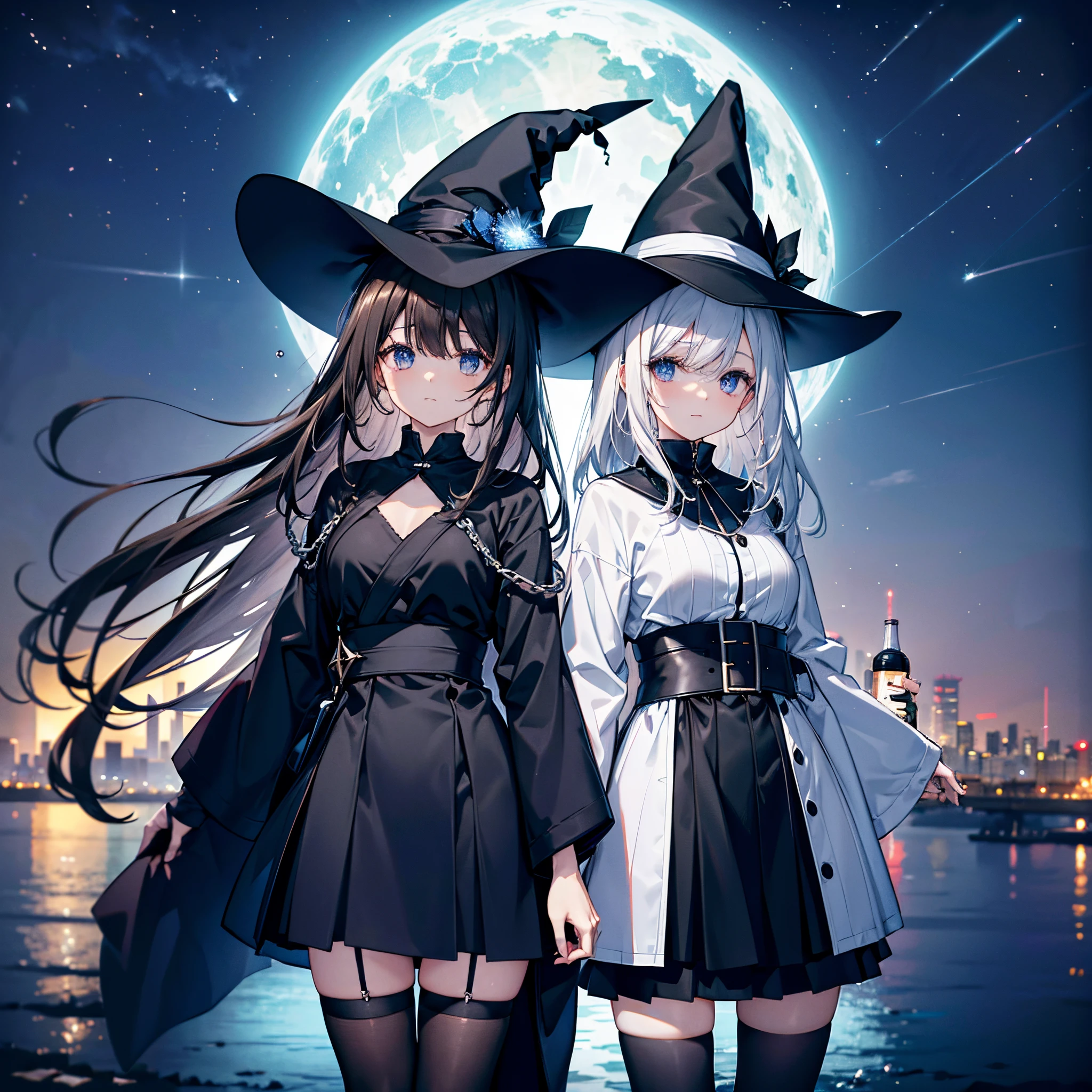 This is the rooftop of a building in Tokyo.、You can see the night view of Tokyo and the lights of Tokyo's port in the background.、I can see a meteor shower、There are two adult women, A and B, leaning on a fence.、A is a woman with white hair wearing a large black witch hat with sapphire accessories、B is a woman with dark brown hair wearing a large black witch hat with garnet accessories、witch's hat、blue eyes、wearing a black coat、Black stockings、White T-shirt 、Black spats、a black skirt、yileina、GLaDOS、Two-dimensional illustration、Japan Anime、drawn by Japanese ilastrator、high-level image quality、4K picture quality、High Quality、hight resolution、5 million pixels、high détails、beatiful backgrounds