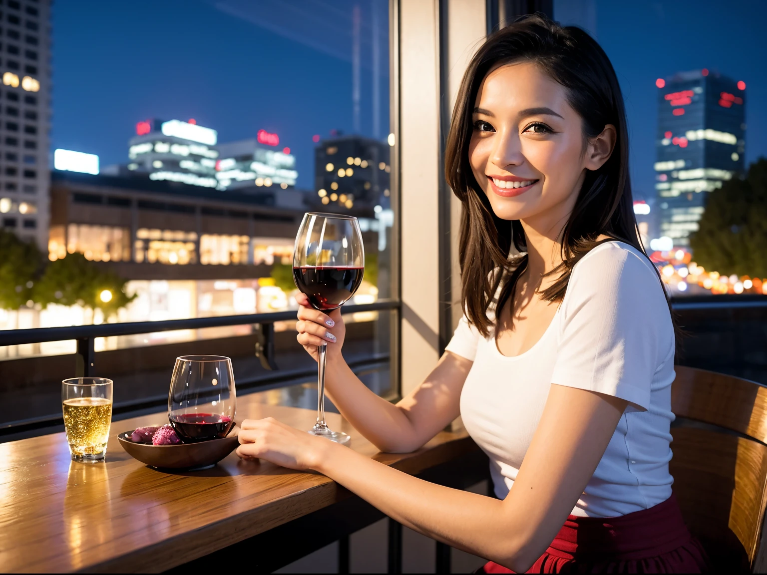 (64K, UHD, top quality, masterpiece: 1.2), (realistic, photorealistic: 1.37), super detailed, pretty woman 1 person, (slim face), (slim body), (brown hair), (short cut), cheeks slightly blushing, (42 years old), 38 years old, solo, beautiful detailed urban night view outside the window, restaurant, wine glasses sit, night, in a prominent place (from the waist up) NovaFrogStyle, Actress, Model, Waist Up, White Wine, Slim, Wine Glass, Super Clean Night View, Wine Glass Put in the Middle, Happy Smile, (Smile: 1.15), Beautiful Fine Eyes, Upper Body, Bust Japan Up, Night, Short, Short, Actress, Model, Waist Up, White Wine, Slim, Wine Glass, Super Clean Night View, Wine Glass Put in the Middle, Happy Smile,