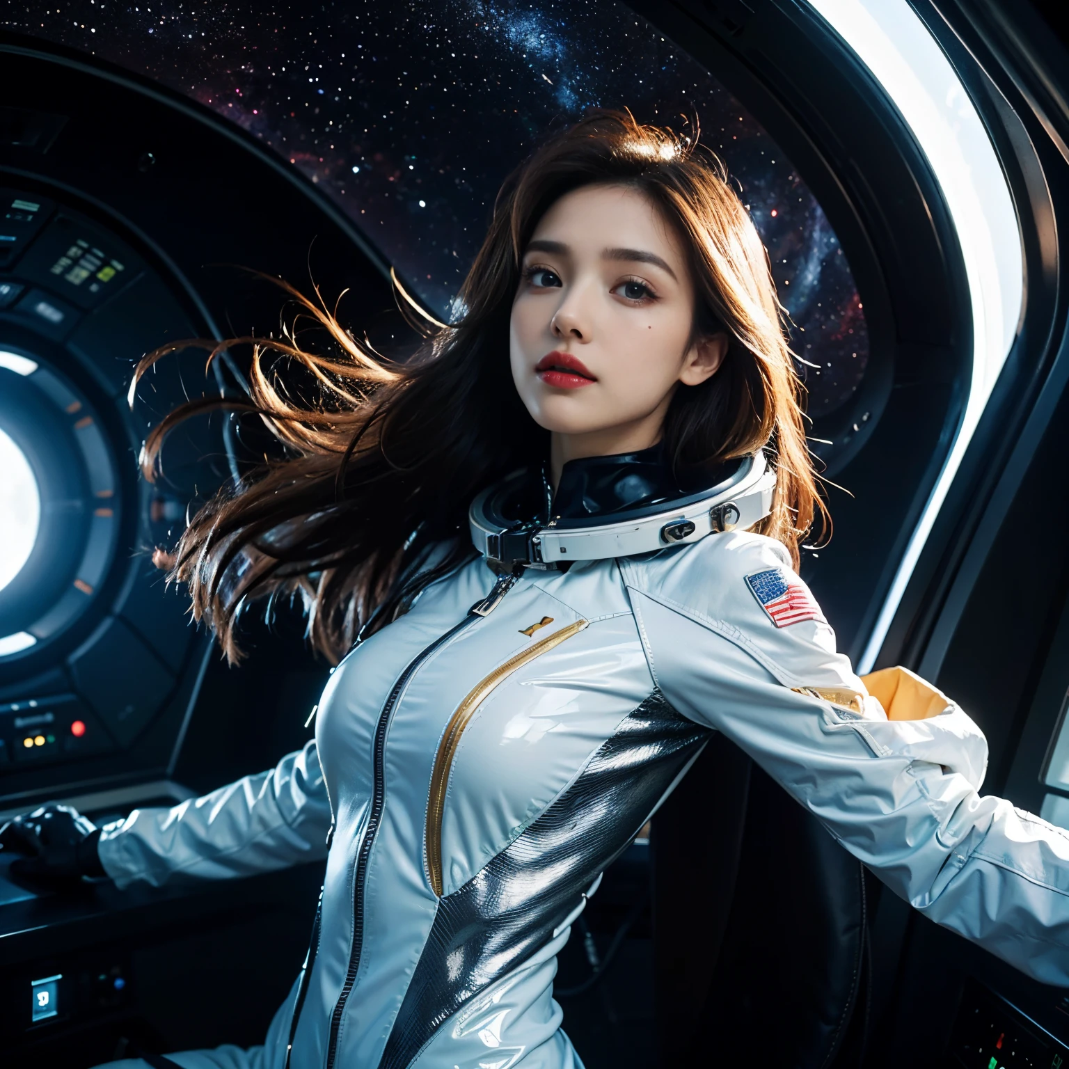 Unbeatable masterpiece, Ultra photo realsisim, Perfect Artwork, Intricate details, Best Quality, strong lights , High contrast, Dynamic Pose, Dutch Angle , Solo , Large breasts , 1girll , 12ear old, (space suits:1.1) ,Staravia , Floating hair , Science fiction , in spacecraft , console , Sit in front of the console , SF Ornaments , A giant robot jumps out of the window , Let's go horizontal and vertical. , Or bury fish bones in a month , Find a phantom cat, To the alien wedding , Ride the Meteor roller coaster ,