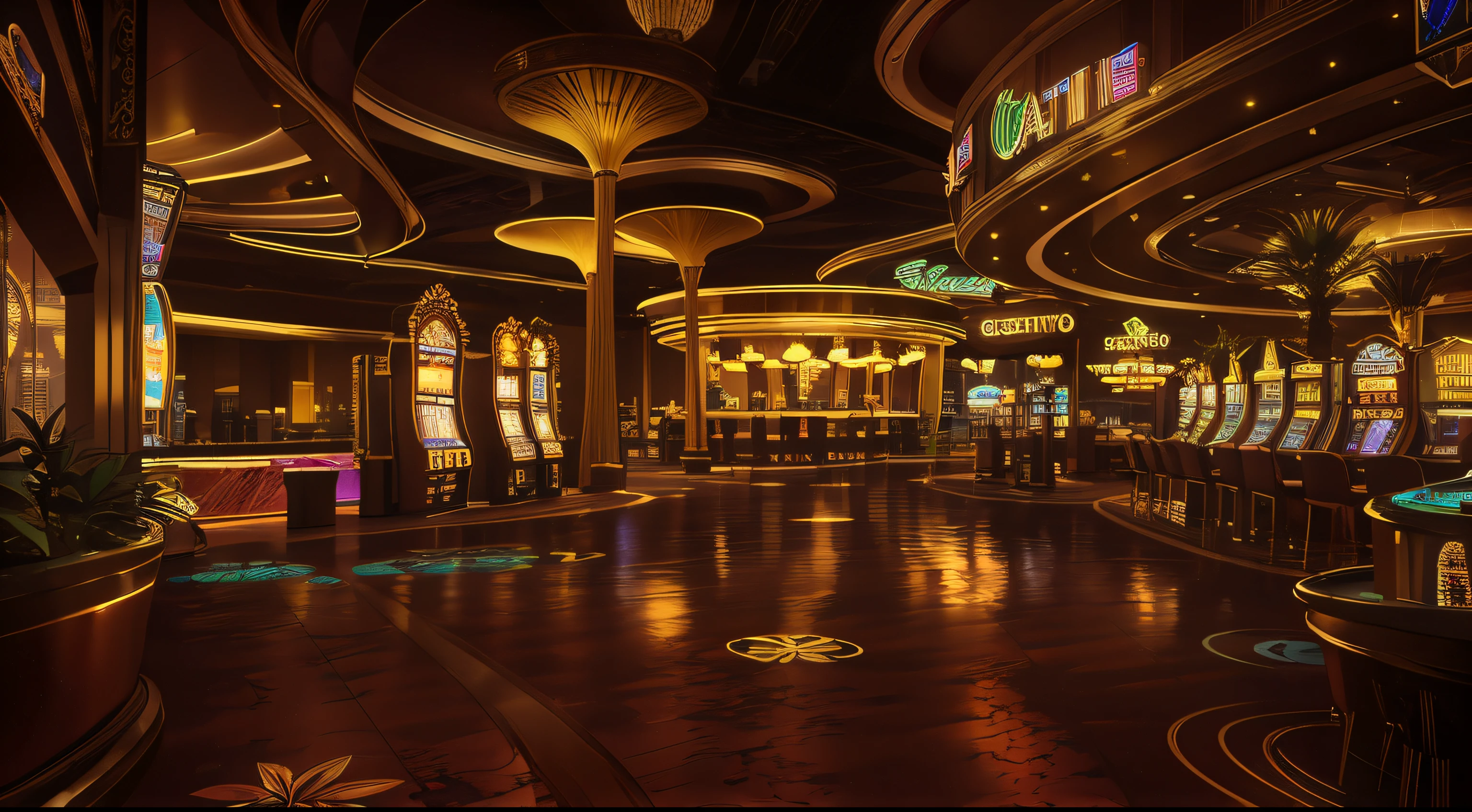 Casino landscape and casino machines, inside a casino, indoor casino, Casino of the future, There is a grand inside, casino, Las Vegas lights up at night, ornate cyberpunk interior, ground level shot, Las vegas, open shiny floor, in a futuristic desert palace, Beautiful image, rendered in rtx, Center lens, Turn on RTX for stunning visuals
