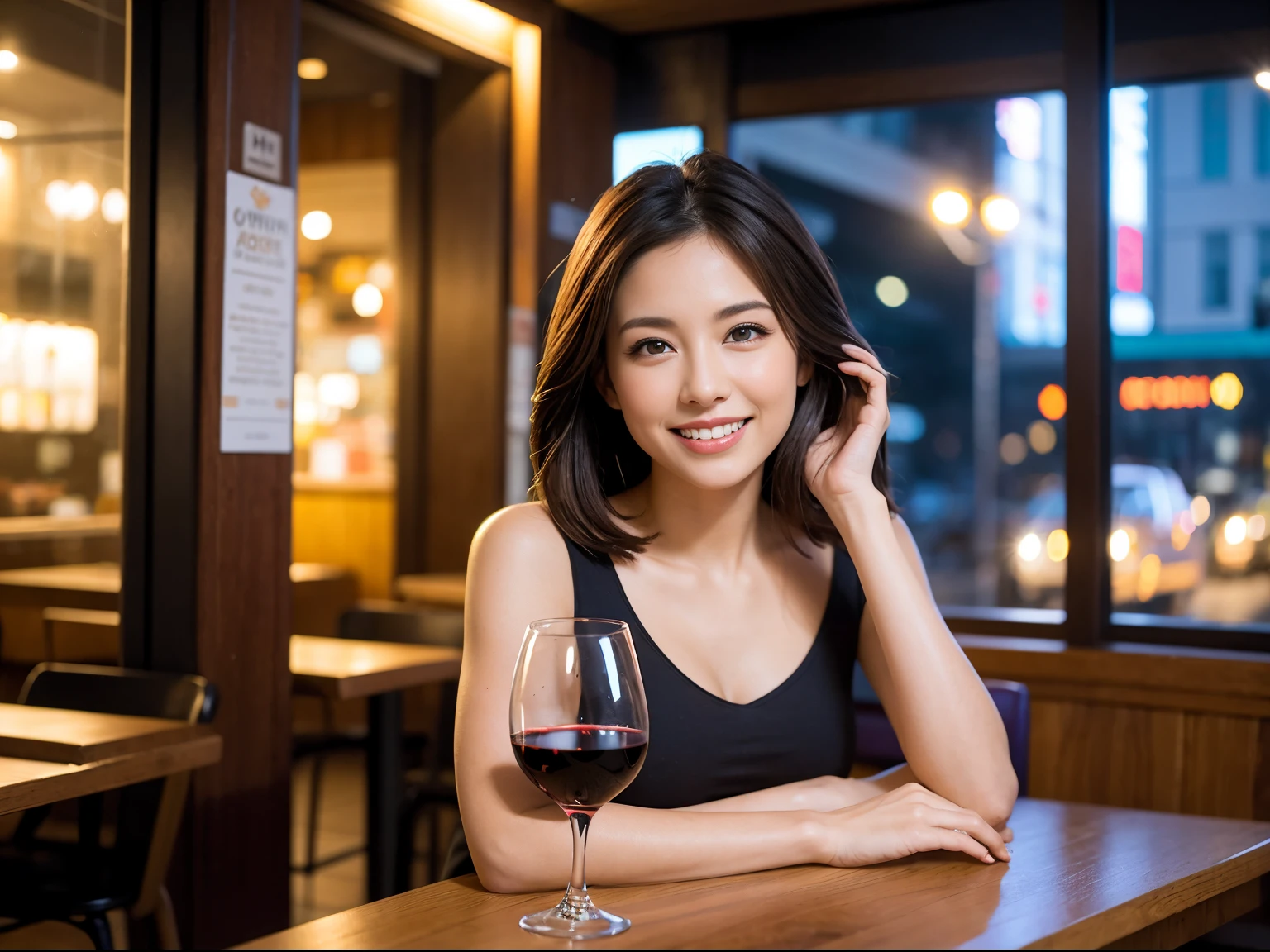 (64K, UHD, top quality, masterpiece: 1.2), (realistic, photorealistic: 1.37), super detailed, pretty woman 1 person, (slim face), (slim body), (brown hair), (short cut), cheeks slightly blushing, (42 years old), 38 years old, solo, beautiful detailed urban night view outside the window, restaurant, wine glasses sit, night, in a prominent place (from the waist up) NovaFrogStyle, Actress, Model, Waist Up, White Wine, Slim, Wine Glass, Super Clean Night View, Wine Glass Put in the Middle, Happy Smile, (Smile: 1.15), Beautiful Fine Eyes, Upper Body, Bust Japan Up, Night, Short, Short, Actress, Model, Waist Up, White Wine, Slim, Wine Glass, Super Clean Night View, Wine Glass Put in the Middle, Happy Smile,
