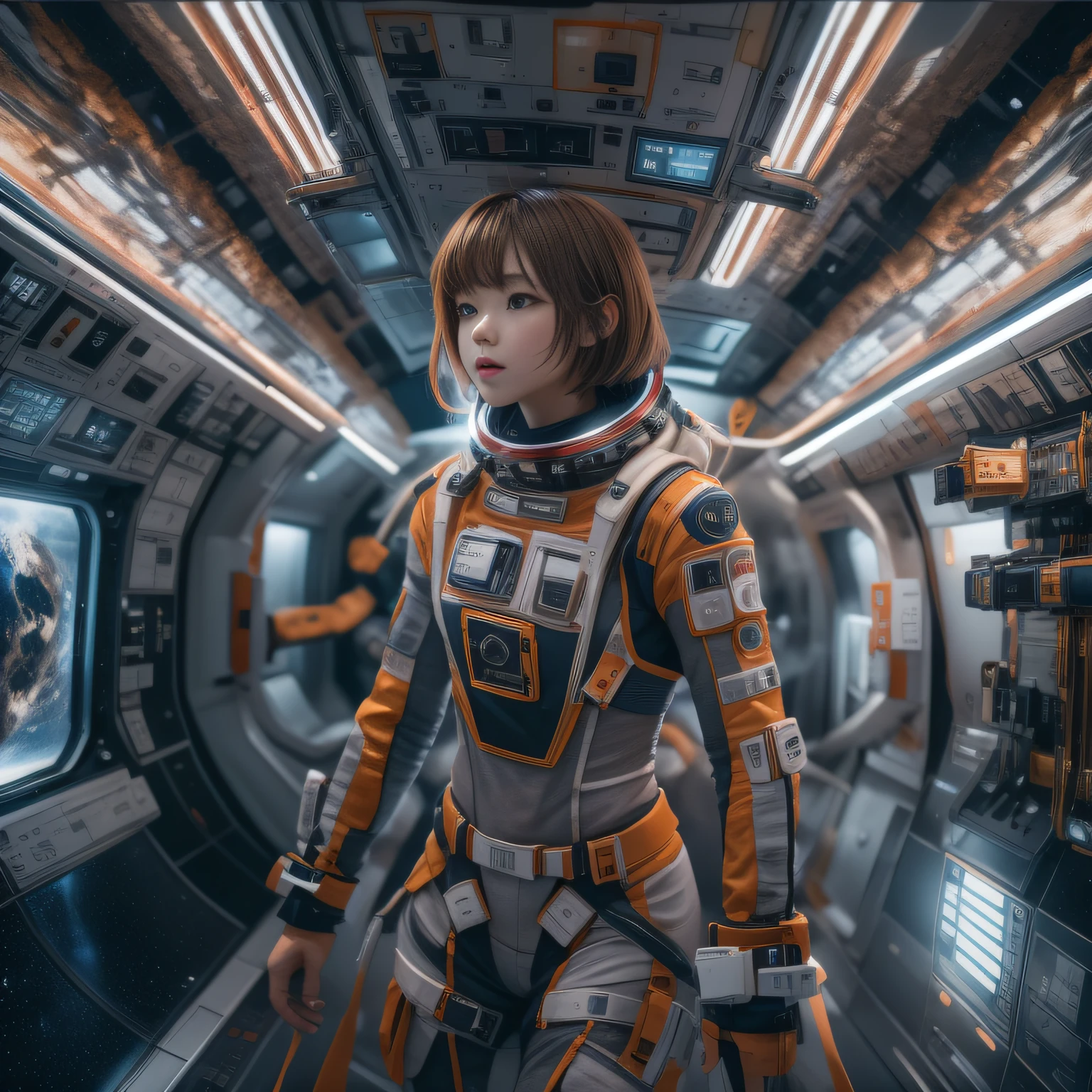 16k, RAW photogr, top-quality，Half a body，Lateral face，Look up at the perspective, tmasterpiece（hyper HD）with short brown hair，outerspace，inside a space station （realistically：1.4），Spacesuit， A high resolution， the detail， RAW photos， sharp re， Nikon D850 film photo by Jefferies Lee 4 Kodak Portra 400 camera F1.6 guns, Lots of colors, Hyper Real、Vivid textures, dramatic lights, Unreal Engine Art Station Trend, Silicon Nest 800，