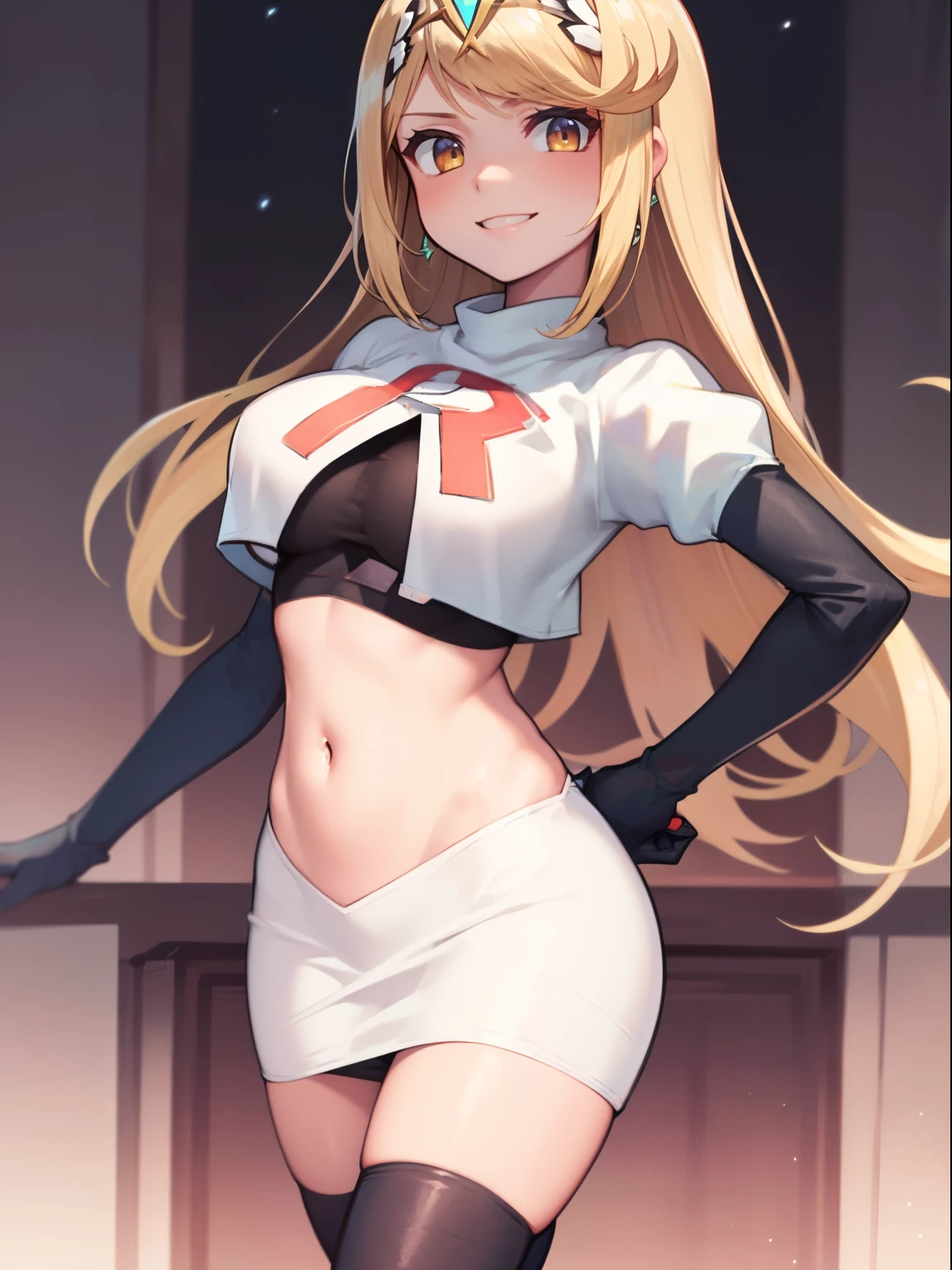 mythra \(xenoblade\), blond hair, yellow eyes, team rocket uniform, red letter R, white skirt,white crop top,black thigh-high boots, black elbow gloves, smile, looking at viewer, cowboy shot, sexy pose, night sky background