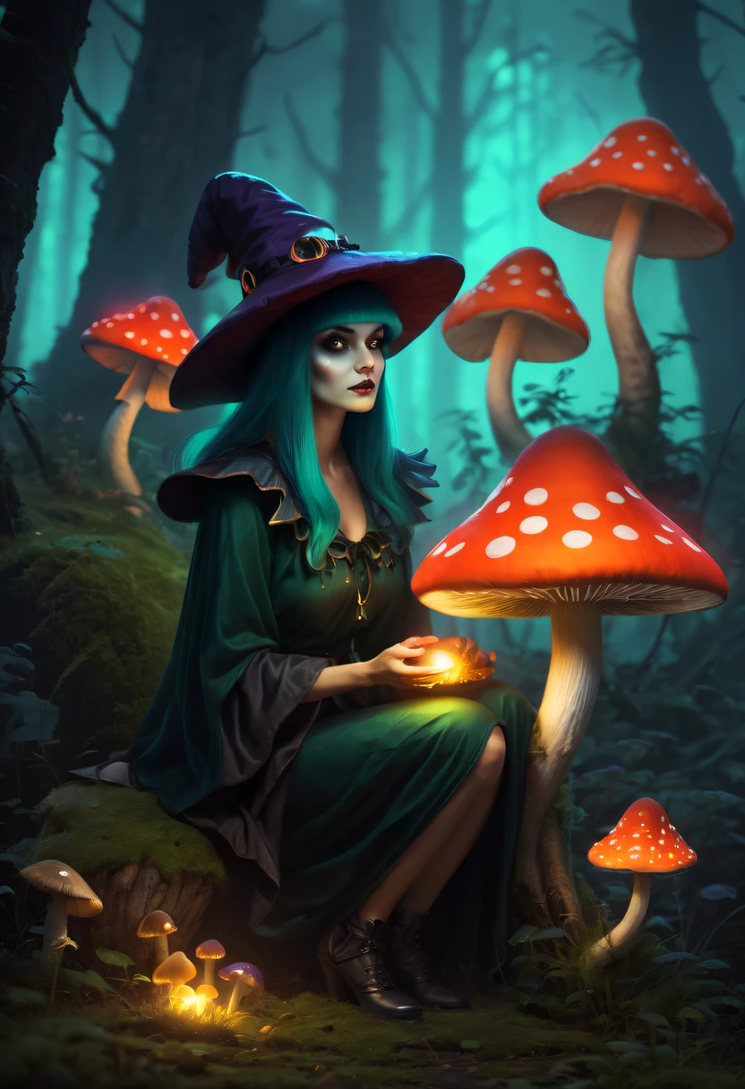 Witch and glowing poisonous mushroom