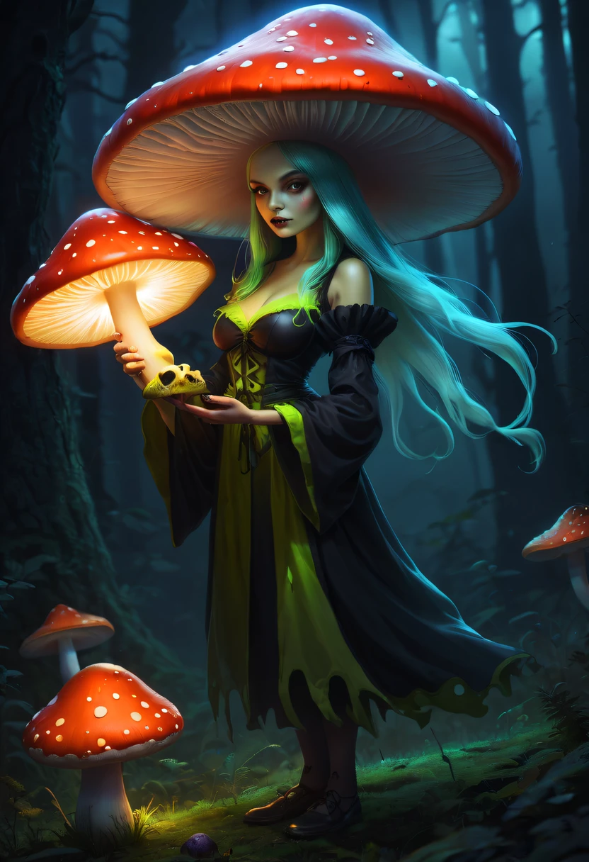 Witch and glowing poisonous mushroom