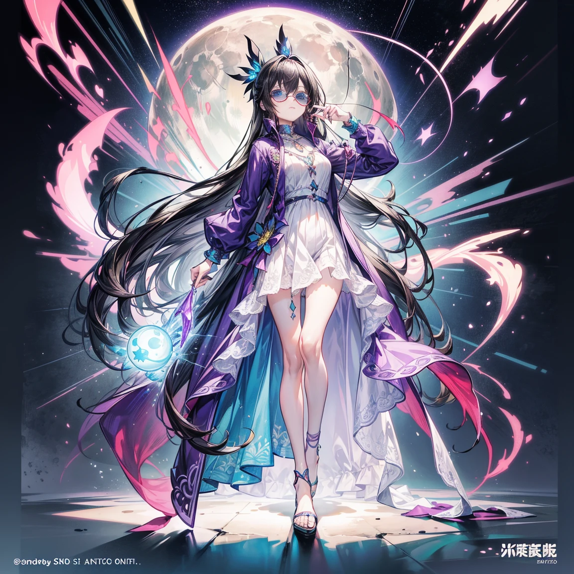 Character Sheets, Three types,Shot Full Body,Game Character Design,than a small flying moon,Girl in sunglasses and beans,Victorizo ∨TSE∨,Stylistic expression, neon colors, wears a light purple dress, Long Dress.,shawl with long hair,Fresh flowers,, absurdress, Full of Details,