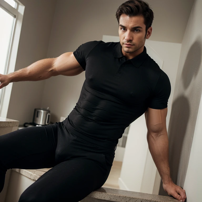 Muscular man, very short hair, tight black polo shirt, fullbody