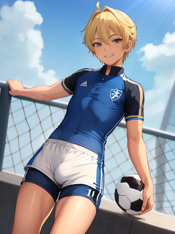Solo, 12 years old, A young ace striker male idol with a cute face, twinks、Cool boyfriend, Standing, Cool handsome face with smile, blue soccer cleats, Long legs, thighs thighs thighs thighs, Foots, Bulge, (blonde hair、)、 Short, Straight, spiky, Shiny hair, beautiful boy eyes,((blue soccer tight thin uniform)), (blue tight soccer shorts), (White Soccer Socks), skyporn, tussock, Cool pose, small height、Looking at the camera、