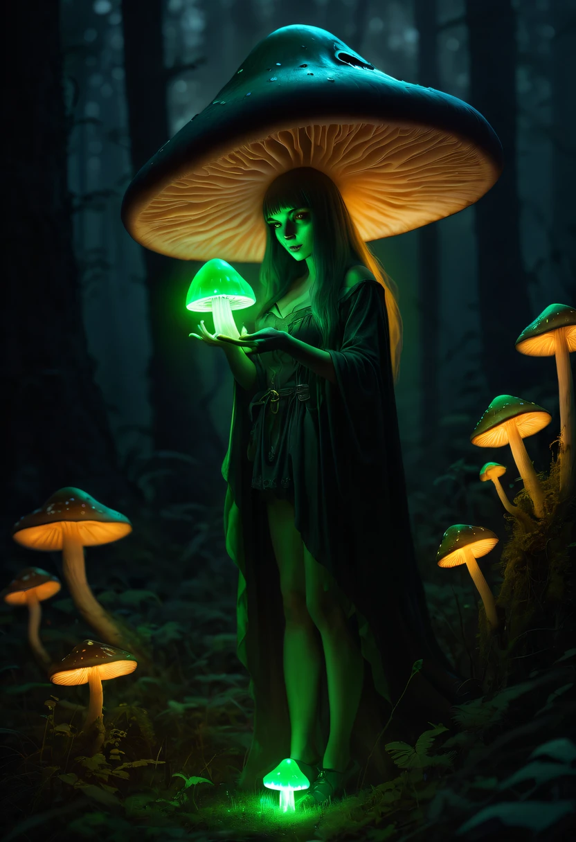 Witch and glowing poisonous mushroom，Green glowing poisonous mushroom