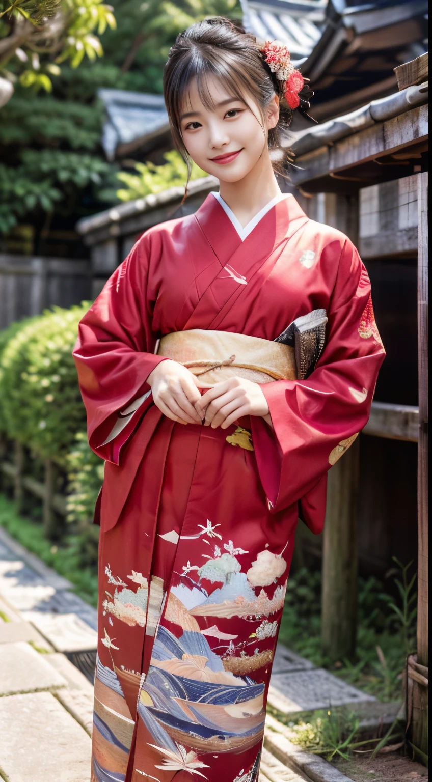 (Red kimono:1.2)、(Kyo-Yuzen:1.2)、(Floral pattern in Japanese style:1.0)、(Furisode:1.5)、(Japanese traditional classic pattern:1.2)、tabi、(top grade)、1人の女性、sixteen years old、full body Esbian、A dark-haired、(reallistic:1.7)、((Top image quality))、absurderes、(超A high resolution)、(Photorealsitic:1.6)、Photorealsitic、octane renderings、(hyper realisitic:1.2)、(photorealiscic face:1.2)、(8K)、(4K)、(masterpiece)、(realistic skin textures)、(illustratio、Cinematographic lighting、wall-paper)、(beautidful eyes:1.2)、((((face perfect))))、(Cute face like an idol:1.2)、(is standing)、shrines、torii gate、(1 moon)、Detailed cute face、Realistic Beauty、A smile、