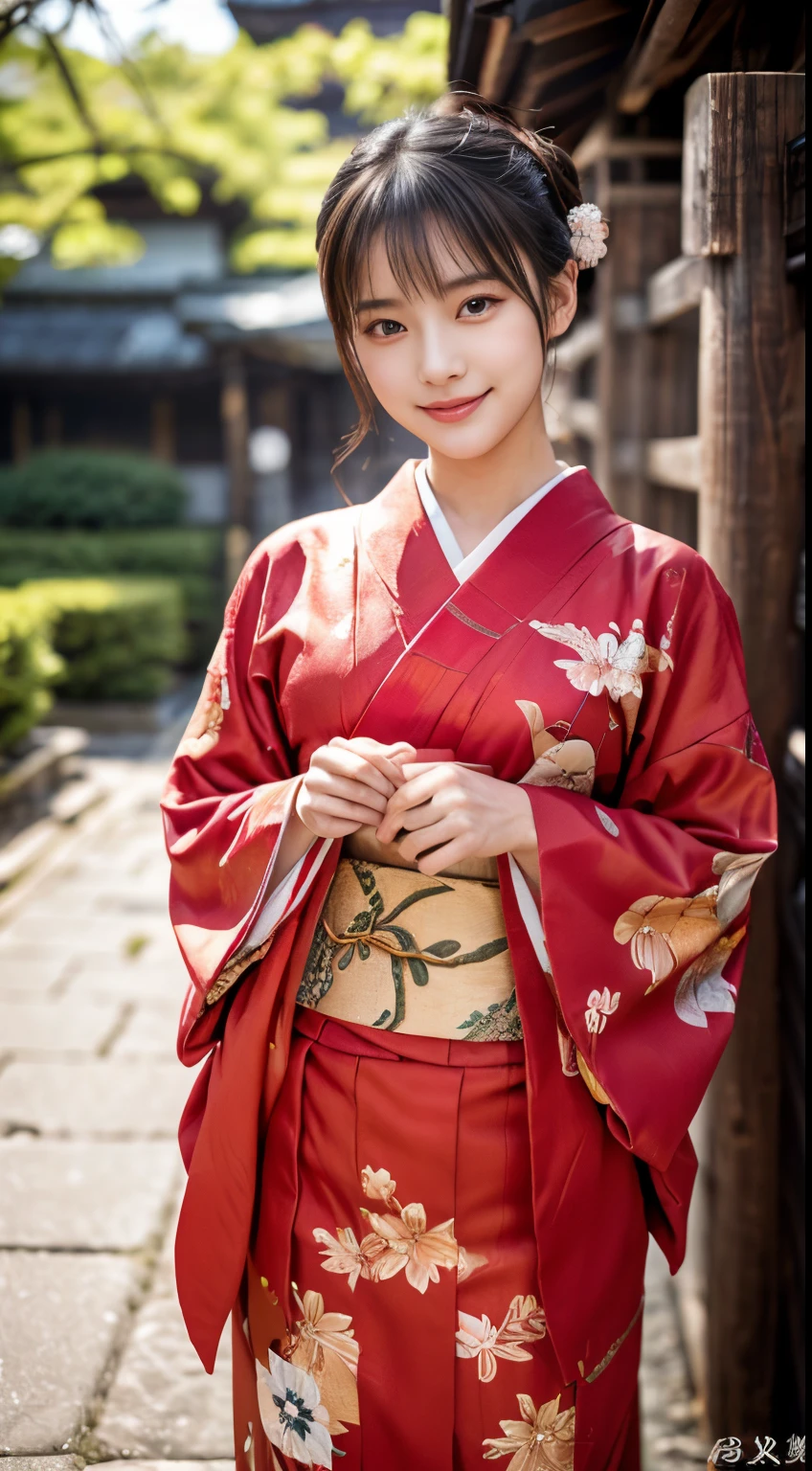 (Red kimono:1.2)、(Kyo-Yuzen:1.2)、(Floral pattern in Japanese style:1.0)、(Furisode:1.5)、(Japanese traditional classic pattern:1.2)、tabi、(top grade)、1人の女性、sixteen years old、full body Esbian、A dark-haired、(reallistic:1.7)、((Top image quality))、absurderes、(超A high resolution)、(Photorealsitic:1.6)、Photorealsitic、octane renderings、(hyper realisitic:1.2)、(photorealiscic face:1.2)、(8K)、(4K)、(​masterpiece)、(realistic skin textures)、(illustratio、Cinematographic lighting、wall-paper)、(beautidful eyes:1.2)、((((face perfect))))、(Cute face like an idol:1.2)、(is standing)、shrines、torii gate、(1 moon)、Detailed cute face、Realistic Beauty、A smile、