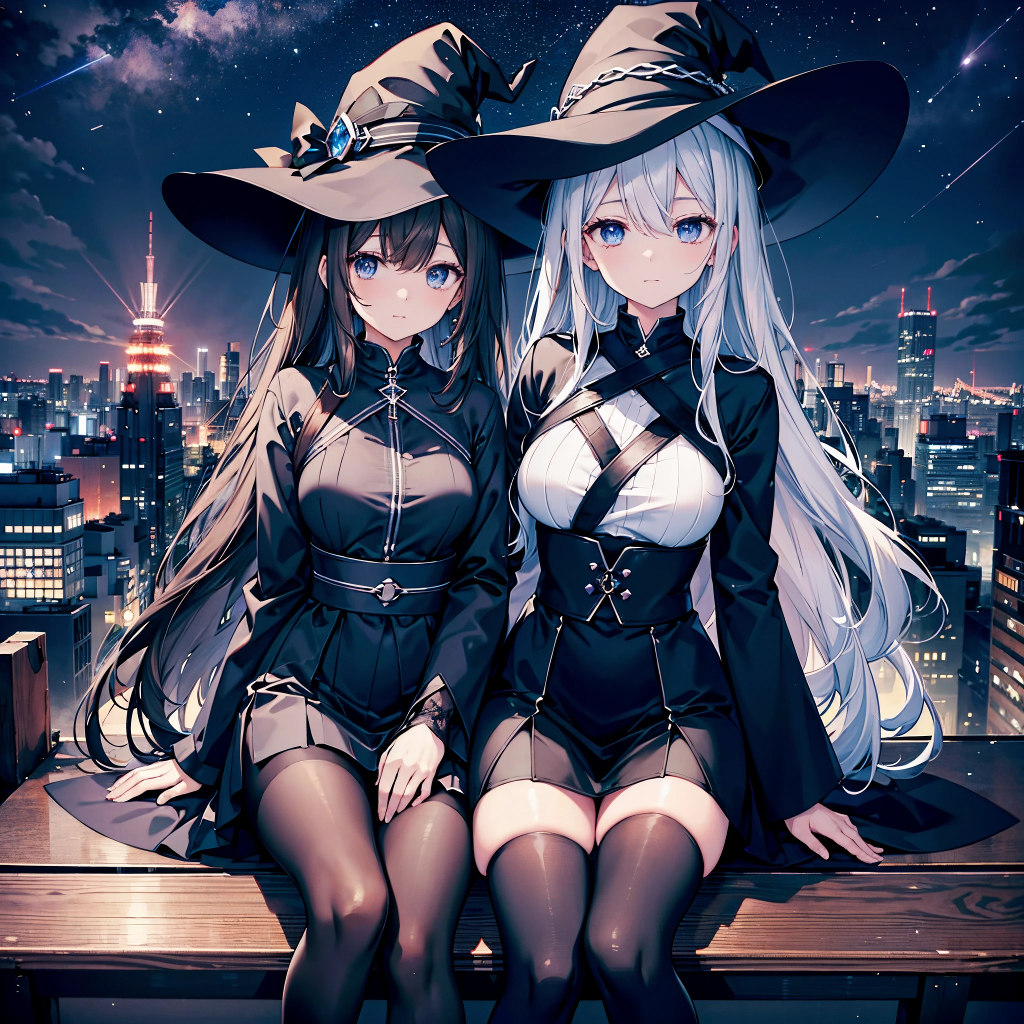 This is the rooftop of a building in Tokyo.、You can see the night view of Tokyo and the lights of Tokyo&#39;s port in the background.、I can see a meteor shower、There are two adult women, A and B, leaning on a fence.、A is a woman with white hair wearing a large black witch hat with sapphire accessories、B is a woman with dark brown hair wearing a large black witch hat with garnet accessories、witch's hat、blue eyes、wearing a black coat、Black stockings、White T-shirt 、Black spats、a black skirt、yileina、GLaDOS、Two-dimensional illustration、Japan Anime、drawn by Japanese ilastrator、high-level image quality、4K picture quality、High Quality、hight resolution、5 million pixels、high détails、beatiful backgrounds