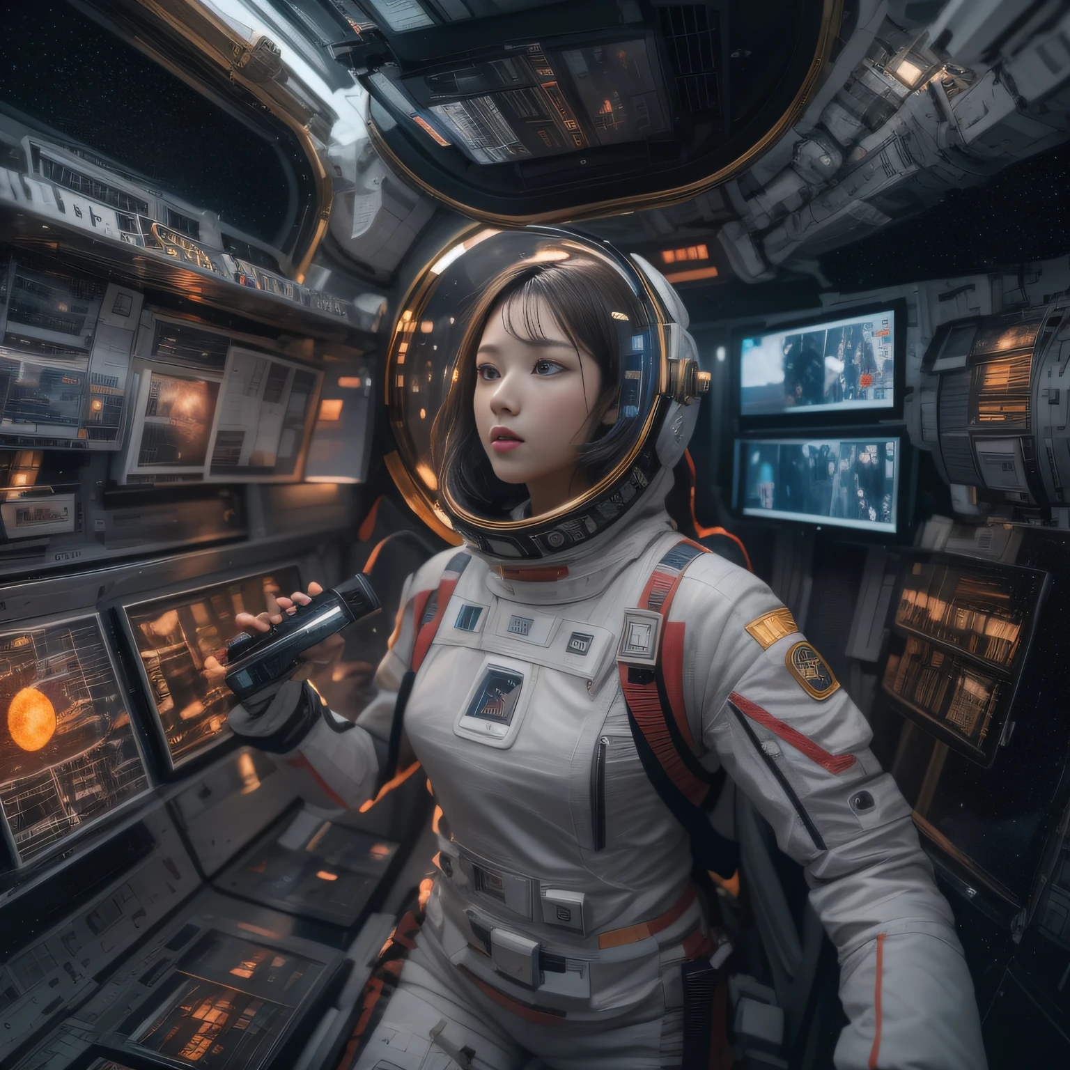 16k, RAW photogr, top-quality，Half a body，Lateral face，Look up at the perspective, tmasterpiece（hyper HD）with short brown hair，outerspace，inside a space station （realistically：1.4），Spacesuit， A high resolution， the detail， RAW photos， sharp re， Nikon D850 film photo by Jefferies Lee 4 Kodak Portra 400 camera F1.6 guns, Lots of colors, Hyper Real、Vivid textures, dramatic lights, Unreal Engine Art Station Trend, Silicon Nest 800，