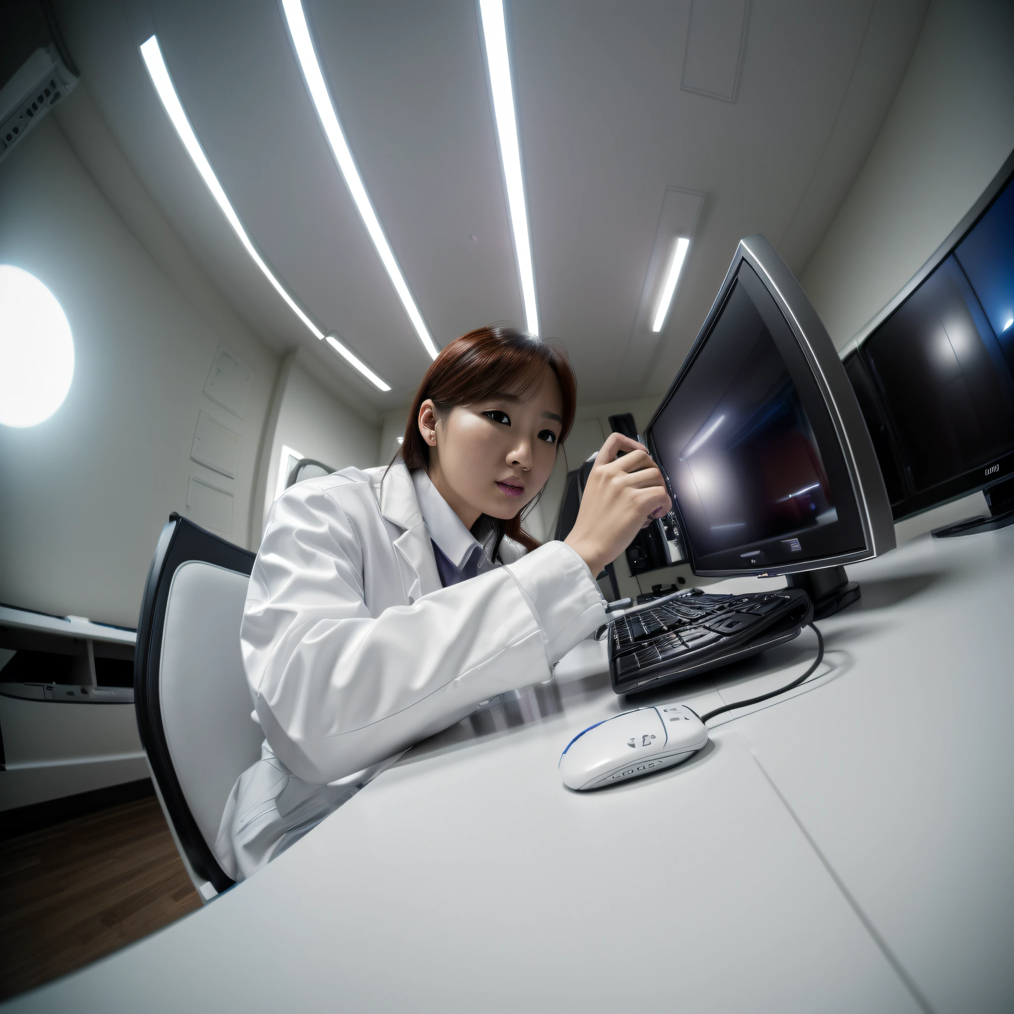 (in 8K、Raw photography、top-quality、masterpiece:1.2)、(Best Quality、in 8K、nffsw:1.2)、fish-eye lens、Professional Photography, Fisheye photography, SLR camera,High quality, Woman in white coat, white shirt, personal computers, Bright interior, ·monitor, keyboard, lab room, Mouse, monitor wall