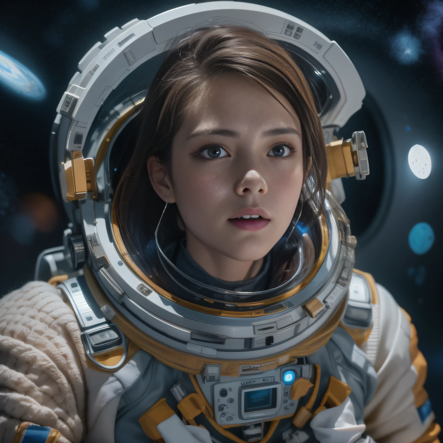 16k, RAW photogr, top-quality，Half a body，Lateral face，Look up at the perspective, tmasterpiece（hyper HD）with short brown hair，outerspace，inside a space station （realistically：1.4），Spacesuit， A high resolution， the detail， RAW photos， sharp re， Nikon D850 film photo by Jefferies Lee 4 Kodak Portra 400 camera F1.6 guns, Lots of colors, Hyper Real、Vivid textures, dramatic lights, Unreal Engine Art Station Trend, Silicon Nest 800，