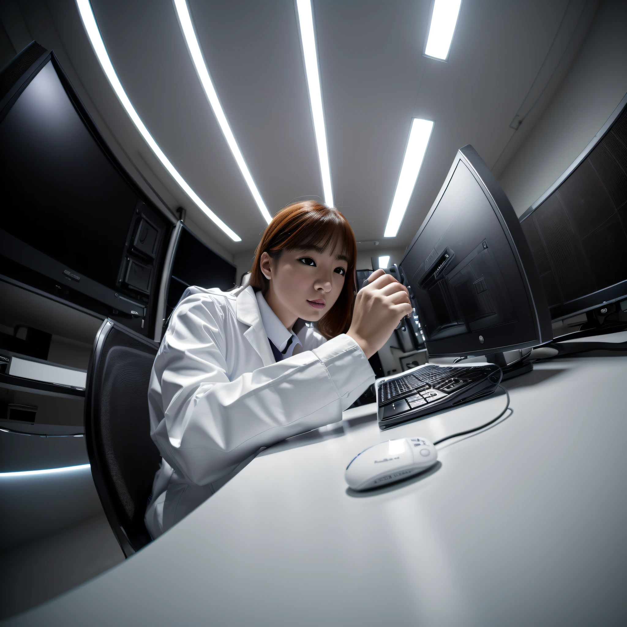 (in 8K、Raw photography、top-quality、masterpiece:1.2)、(Best Quality、in 8K、nffsw:1.2)、fish-eye lens、Professional Photography, Fisheye photography, SLR camera,High quality, Woman in white coat, white shirt, personal computers, Bright interior, ·monitor, keyboard, lab room, Mouse, monitor wall