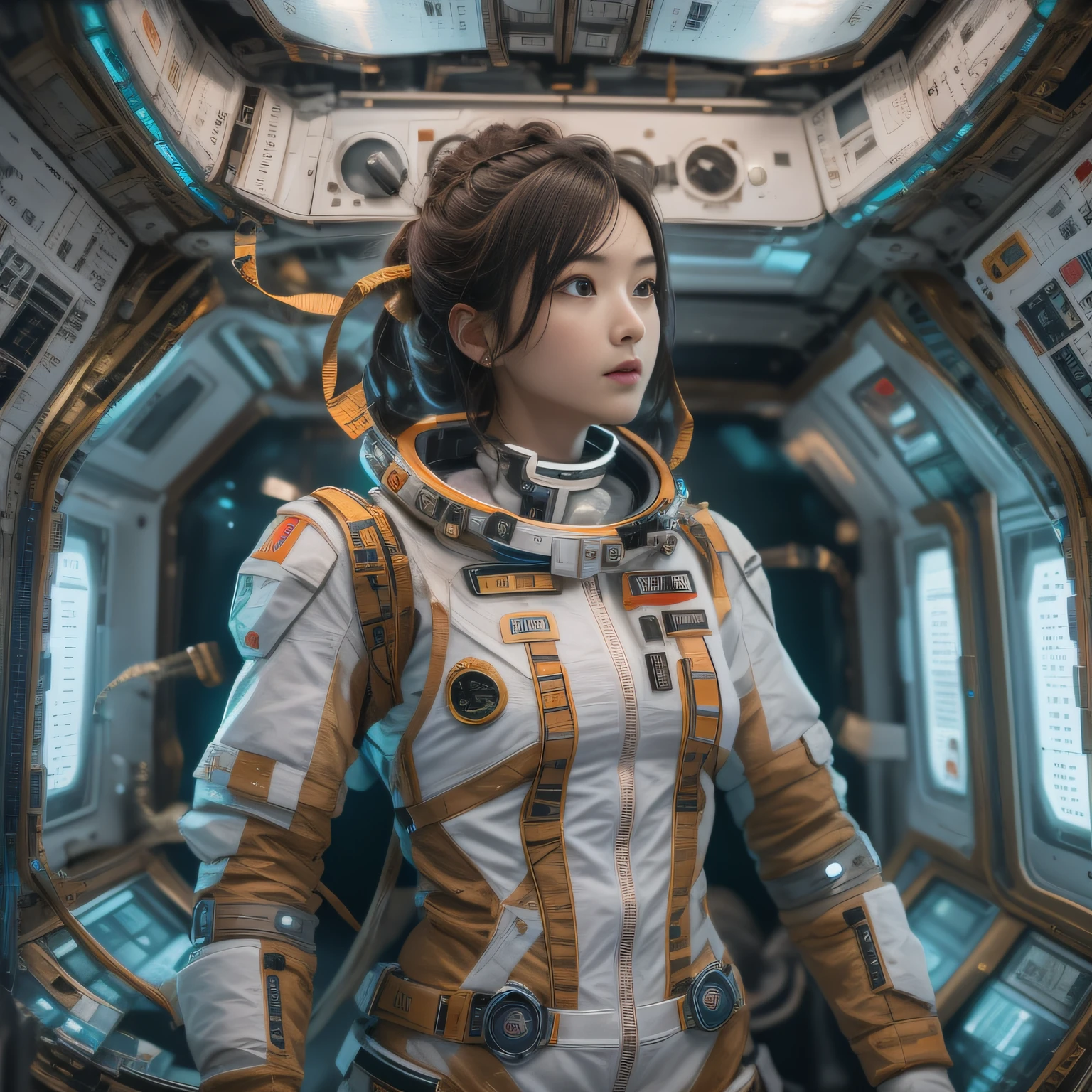 16k, RAW photogr, top-quality，Half a body，Lateral face，Look up at the perspective, tmasterpiece（hyper HD）with short brown hair，outerspace，inside a space station （realistically：1.4），Spacesuit， A high resolution， the detail， RAW photos， sharp re， Nikon D850 film photo by Jefferies Lee 4 Kodak Portra 400 camera F1.6 guns, Lots of colors, Hyper Real、Vivid textures, dramatic lights, Unreal Engine Art Station Trend, Silicon Nest 800，