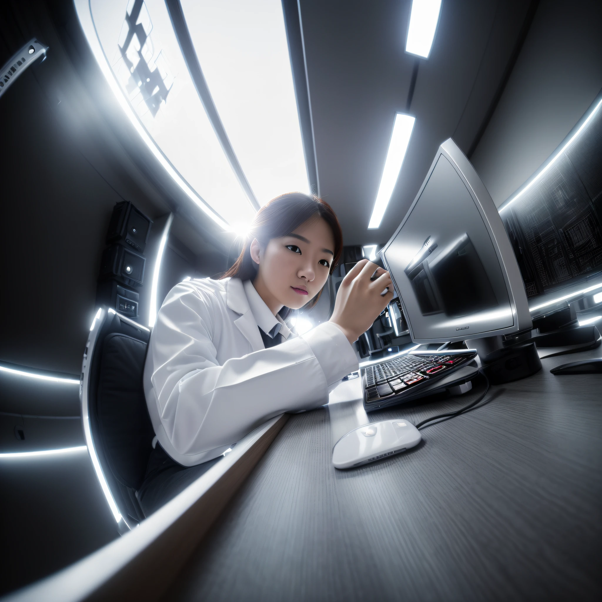 (in 8K、Raw photography、top-quality、masterpiece:1.2)、(Best Quality、in 8K、nffsw:1.2)、fish-eye lens、Professional Photography, Fisheye photography, SLR camera,High quality, Woman in white coat, white shirt, personal computers, Bright interior, ·monitor, keyboard, lab room, Mouse, monitor wall