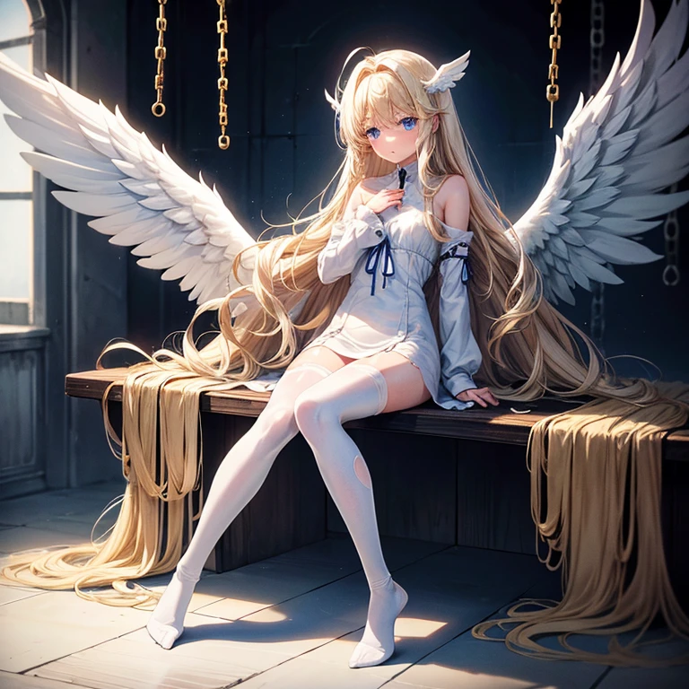 A girl in a white dress with angel wings、long blonde wavy hair、Blue Eyes、Torn stockings、bare-legged、(In a dark prison)、(Hands behind your back)、Chained、Sad face、Physical education sitting