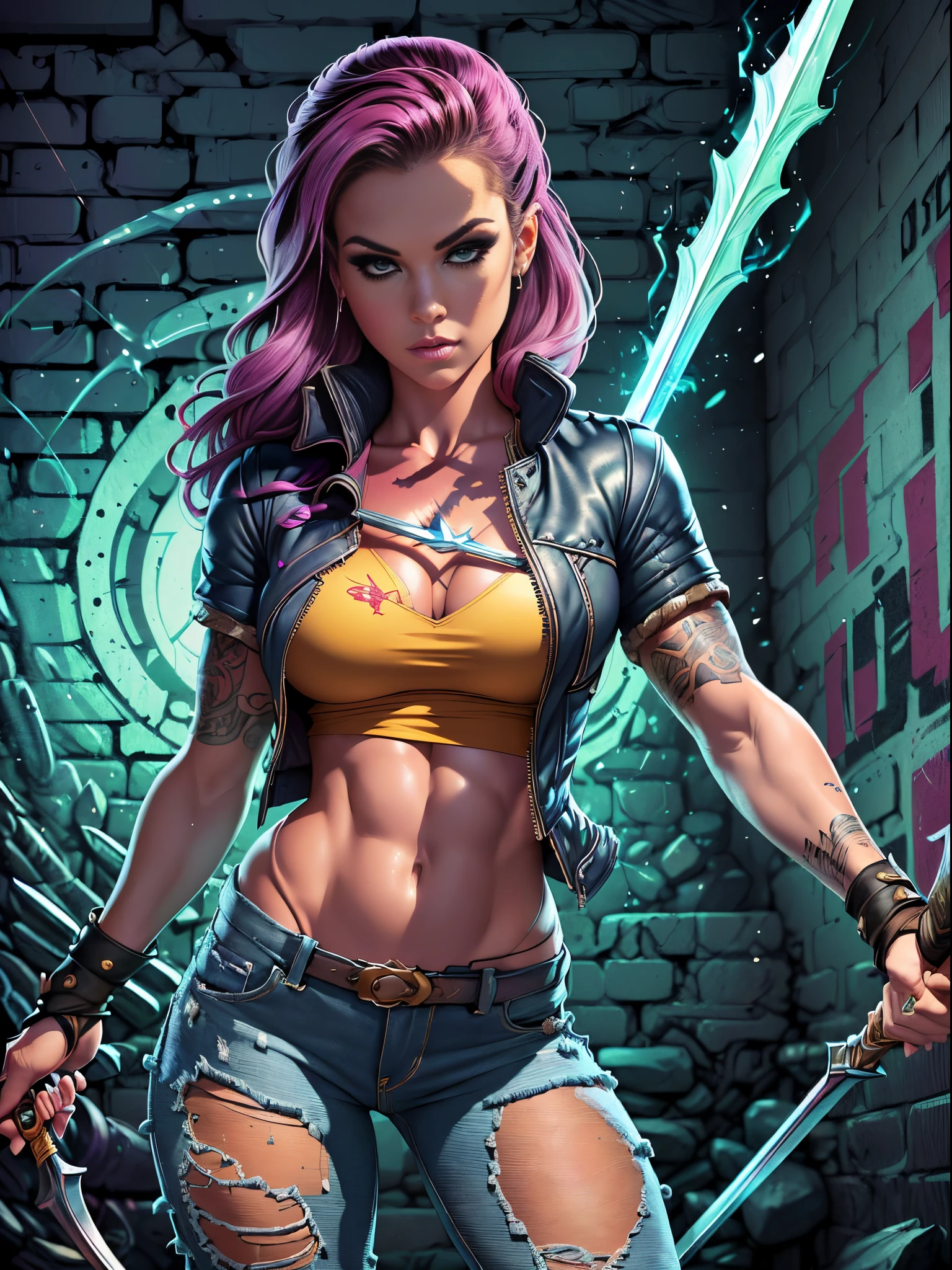 Very aesthetic inkpunk illustration, Alison Tyler, (((wielding a magic spear in his right hand))), sentada em uma cadeira simples, corpo inteiro, separated-lips, ,(((jaqueta de couro punk com rebites))) , ripped jeans, camiseta branca, , fundo da parede do graffiti, Arte por Mschiffer