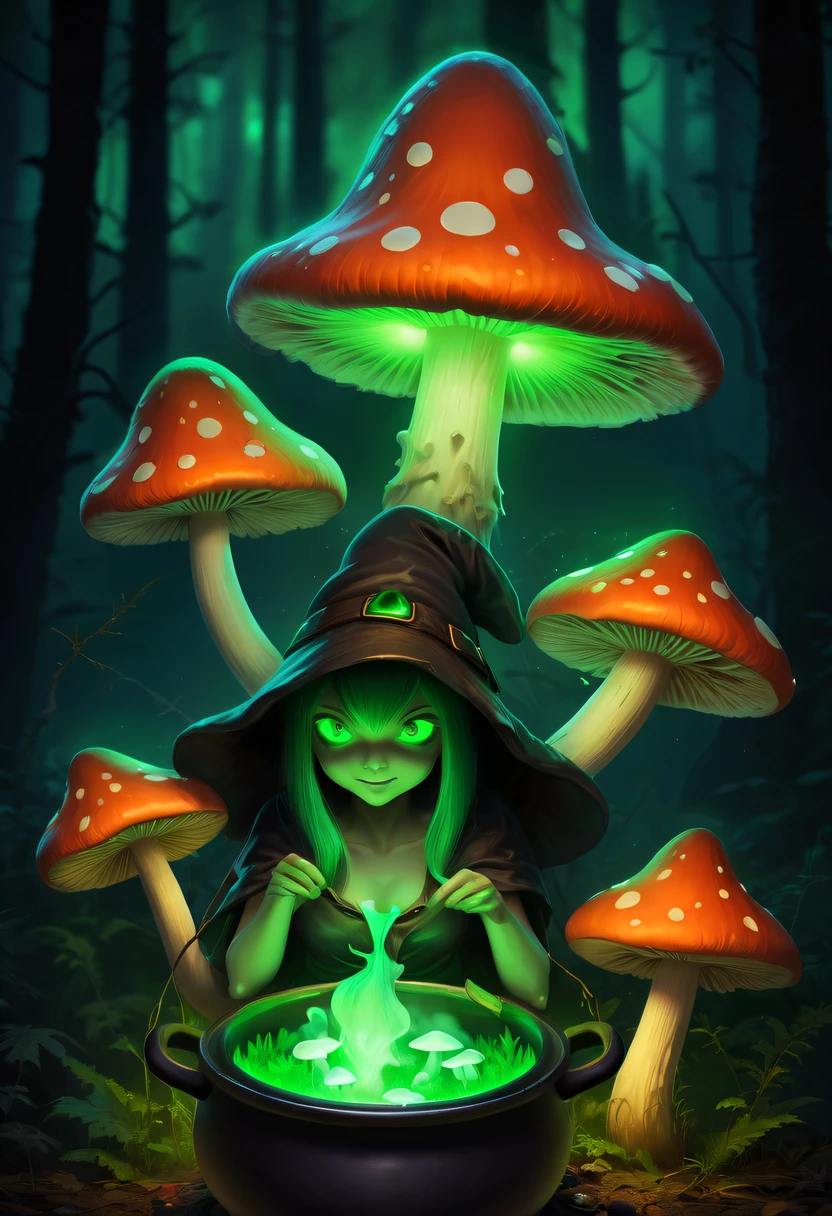 Witch and glowing poisonous mushroom，Green glowing poisonous mushroom，Glowing poisonous mushrooms cooked in a pot