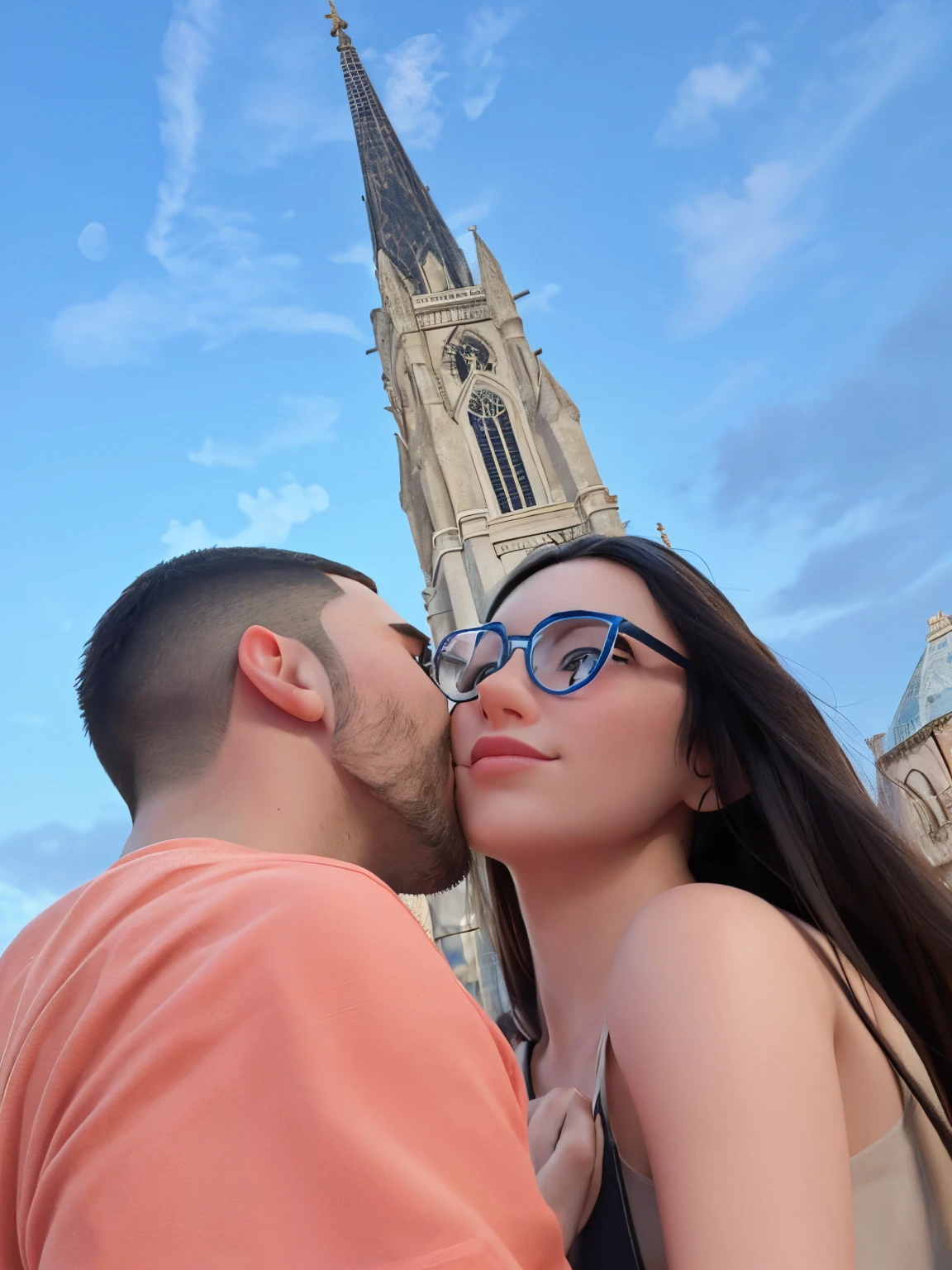 a disney pixar movie where guy kisses girl in the cheek(he kisses, not she) behind them is blue sky and nchatedral.Boyfriend t-shirt is simple orange color, a girlfriend t-shirt is simple black color. She has black glasses and long hair a he has buzzcut hairstyle and little beard.He is on the left side of an image and she is on the right side of an image.