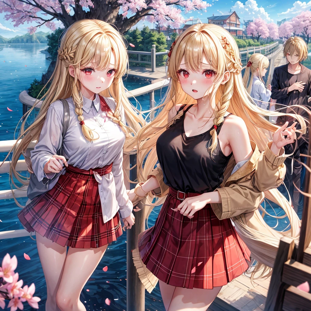 a blond、red eyes、Braids、one good looking girl、独奏、animesque、lightly dressed、Plaid miniskirt、flower petals、bare-legged、wetting hair、Black T-shirt、large tree、cherry trees、sea of clouds、railroad crossing