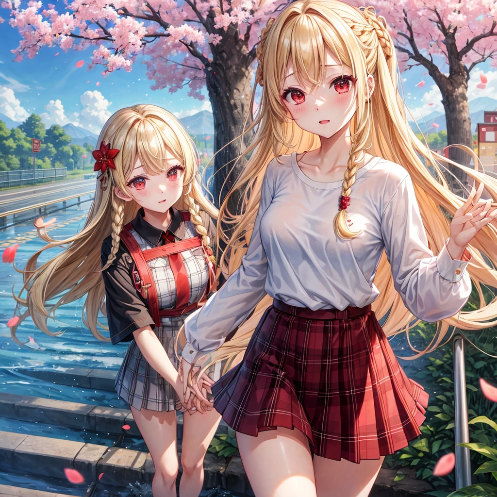 a blond、red eyes、Braids、one good looking girl、独奏、animesque、lightly dressed、Plaid miniskirt、flower petals、bare-legged、wetting hair、Black T-shirt、large tree、cherry trees、sea of clouds、railroad crossing