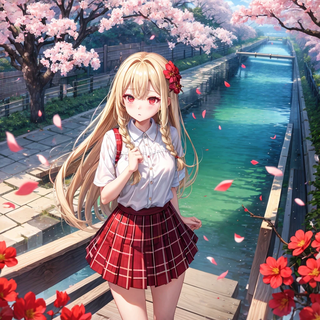a blond、red eyes、Braids、one good looking girl、独奏、animesque、lightly dressed、Plaid miniskirt、flower petals、bare-legged、wetting hair、Black T-shirt、large tree、cherry trees、sea of clouds、railroad crossing