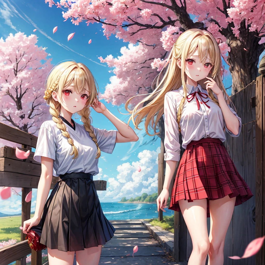 a blond、red eyes、Two pretty girls、animesque、student clothes、a miniskirt、the woods、Frolicking、jumpping
