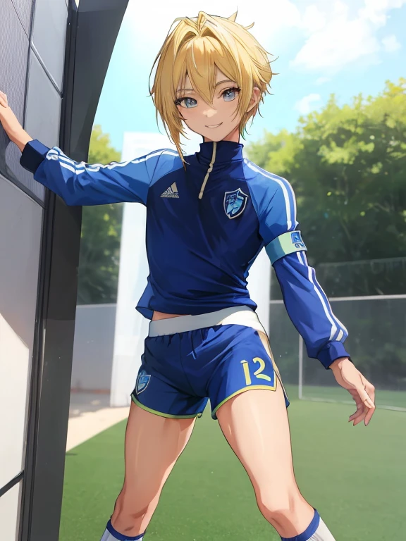 Solo, 12 years old, A young ace striker male idol with a cute face, twinks、Cool boyfriend, Standing, Cool handsome face with smile, blue soccer cleats, Long legs, thighs thighs thighs thighs, Foots, Bulge, (blonde hair、)、 Short, Straight, spiky, Shiny hair, beautiful boy eyes,((blue soccer tight thin uniform)), (blue tight soccer shorts), (White Soccer Socks), skyporn, tussock, Cool pose, small height、Looking at the camera、