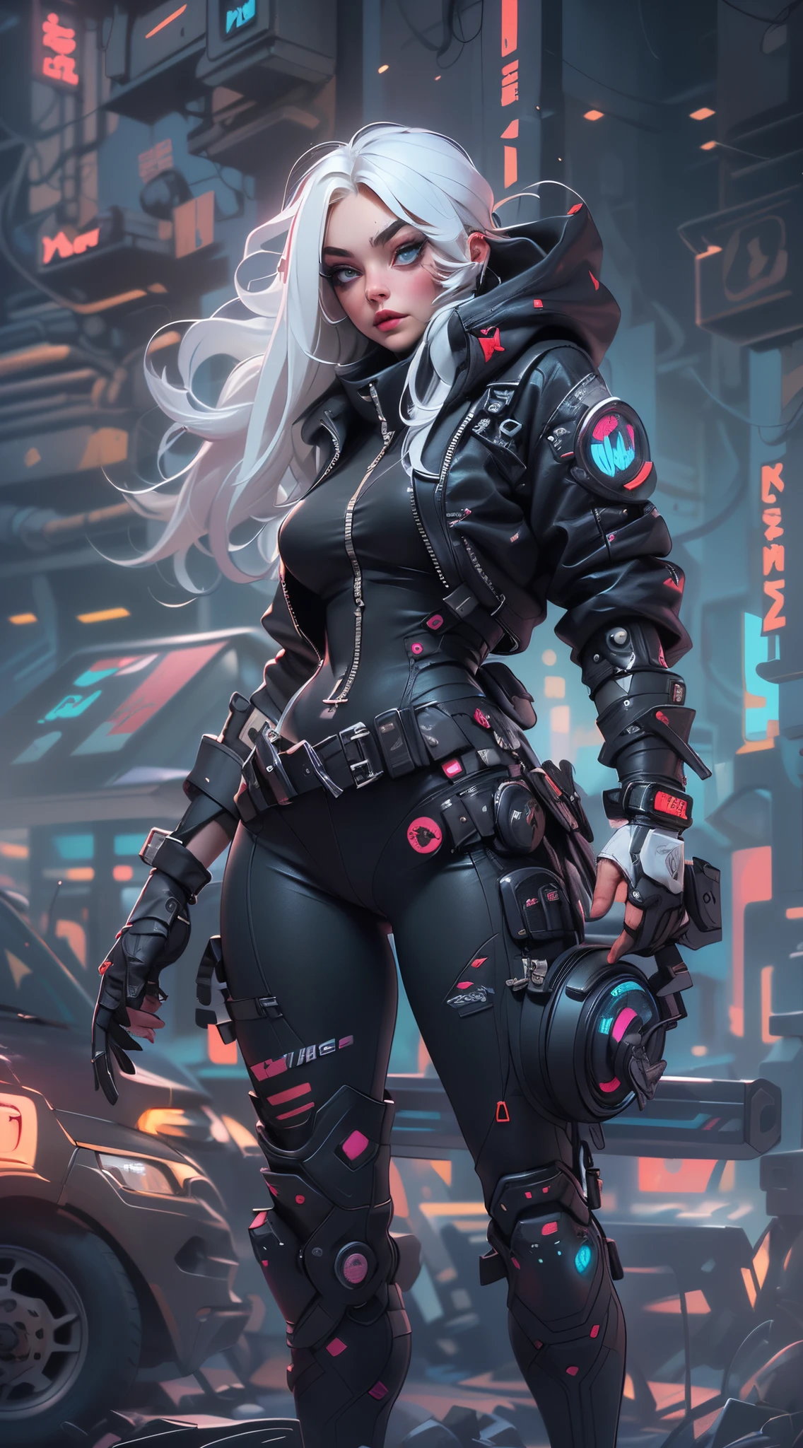 ((Best quality, Best resolution, award winning portrait, offcial art)), ((Perfect masterpiece)), ((actual)) and super detailed photography of 1nerdy cyberpunk girls with gothic and post-apocalyptic overtones. She's having ((long white hair)), dressed in (Cyberpunk tech clothing top) And one more (Cyberpunk technical clothing bottoms:1.2) , ((The most beautiful and sexy aesthetic)),