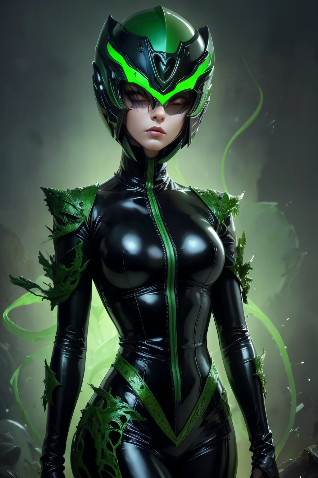 A helmet with a carnivorous plants motif. woman. She is wearing a black latex suit. Striking decoration.whip. Alchemy style equipment. Her image color is emerald green.