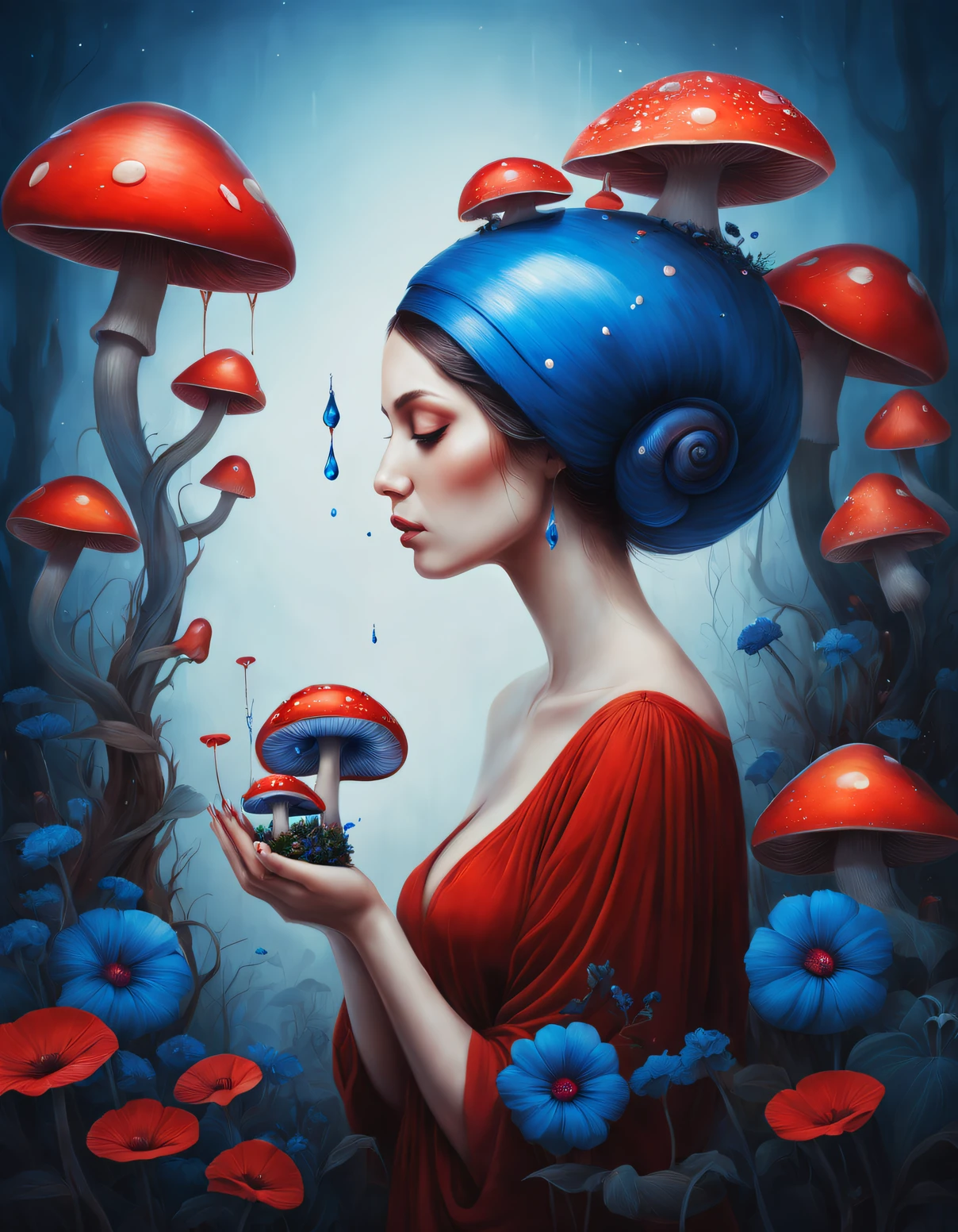 beth hamity style,Drawing of woman holding blue and red flowers, big snail,mushroom garden ,Pop surrealism, Integrated into Ligent, surreal teen, dreamlike illustration, Dripping honey, hyperrealistic aesthetic, genetic engineering